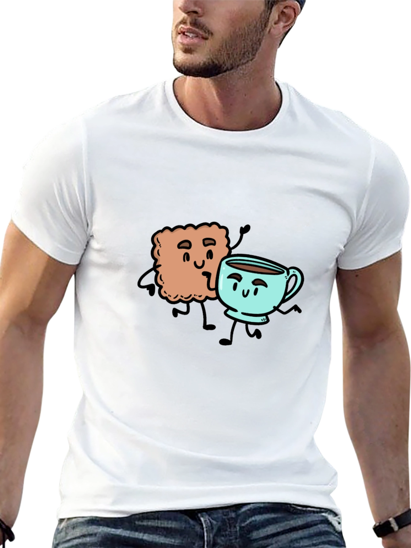 Coffee & Biscuit Cartoon Graphic Black T-Shirt