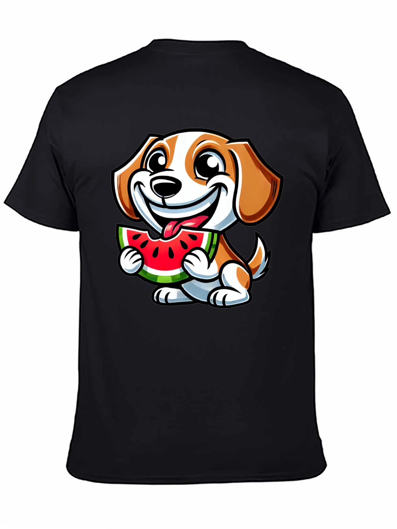 Cute Dog Eating Watermelon Black T-Shirt