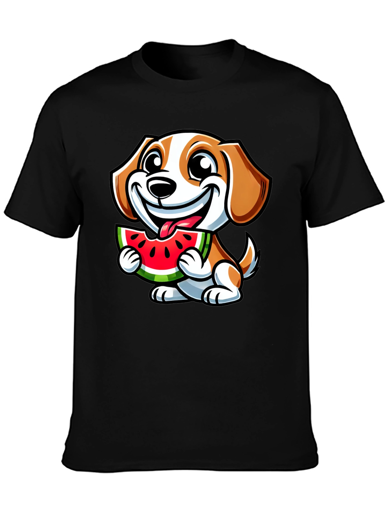 Cute Dog Eating Watermelon Black T-Shirt