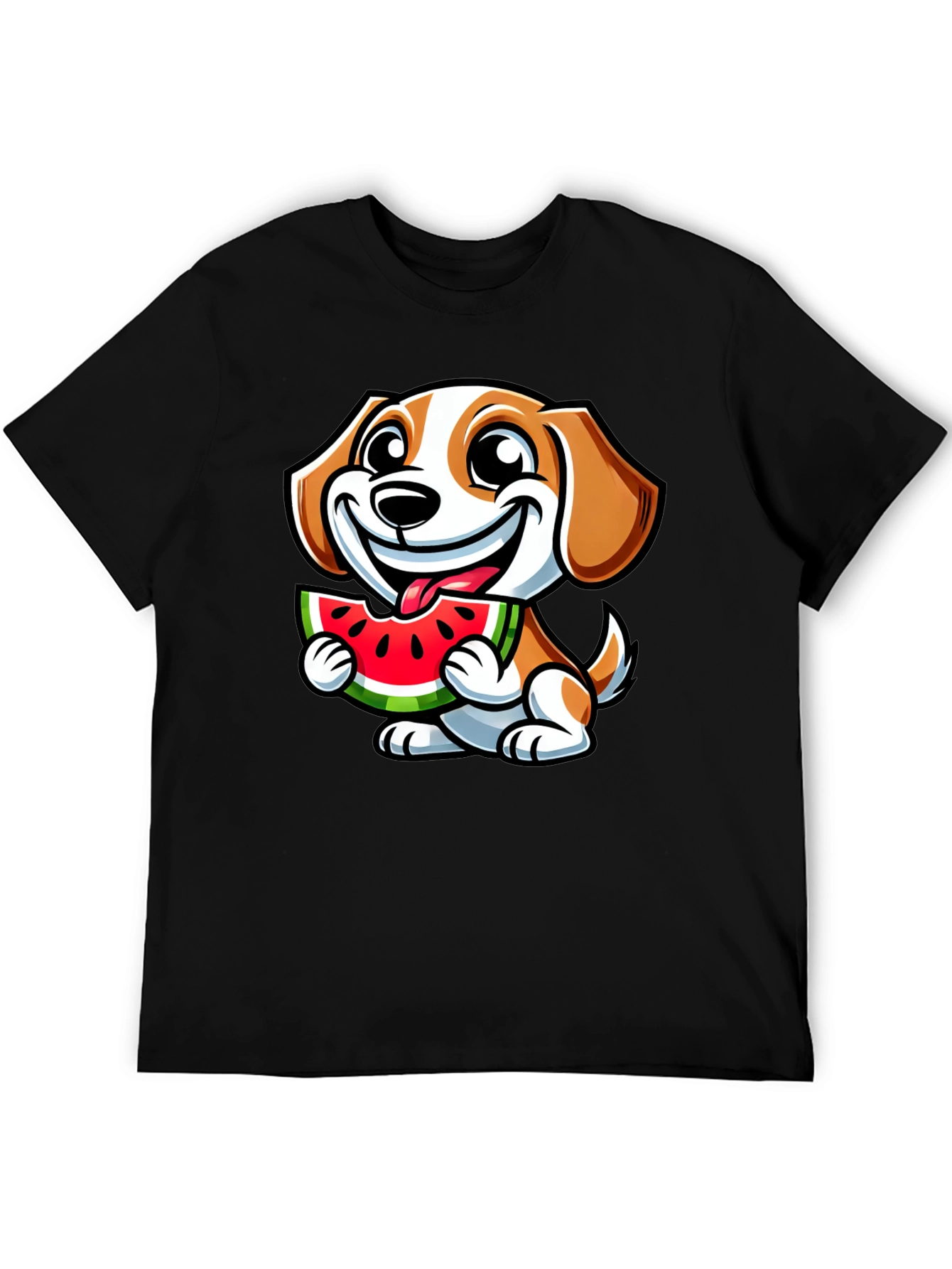 Cute Dog Eating Watermelon Black T-Shirt