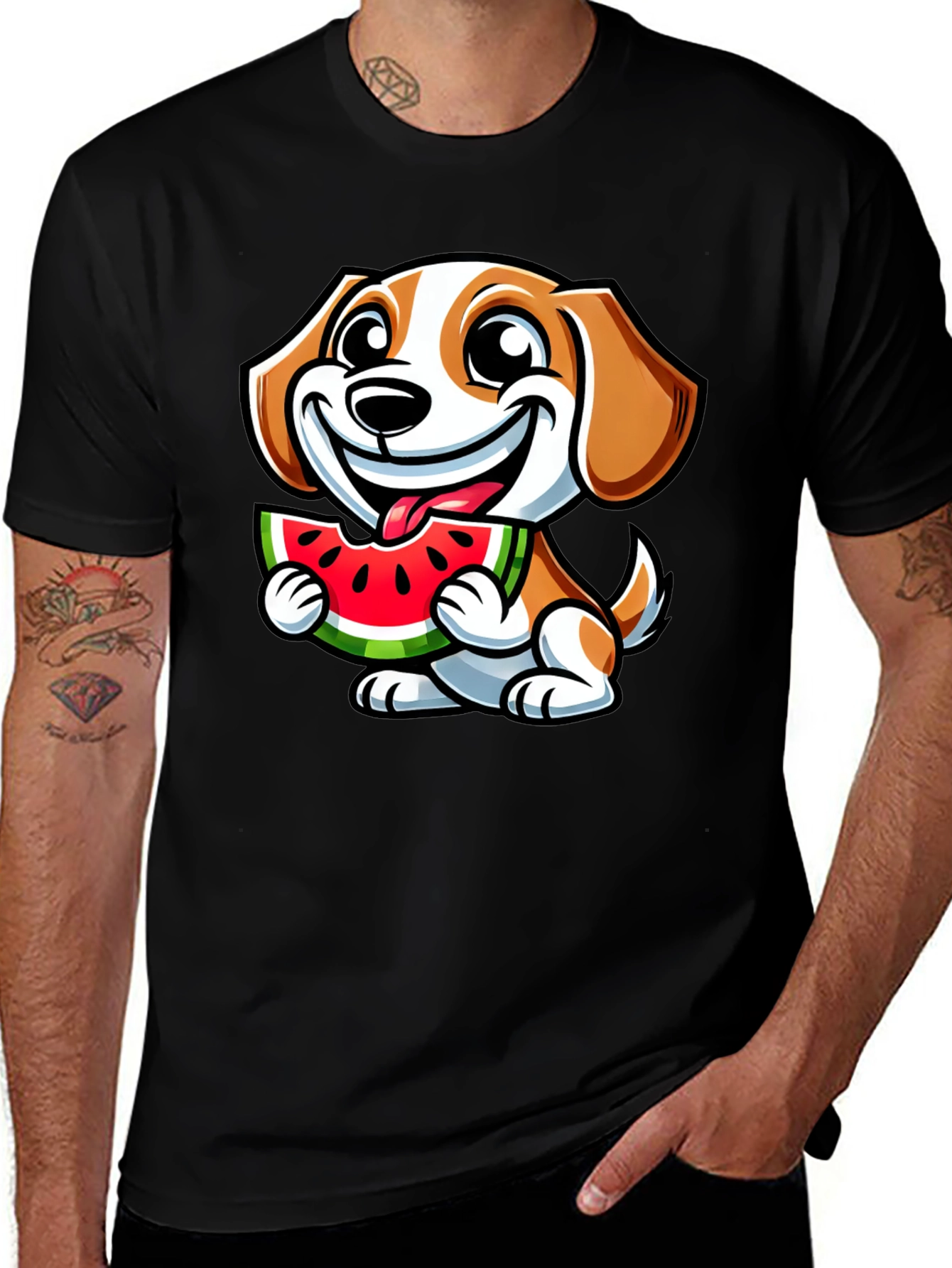 Cute Dog Eating Watermelon Black T-Shirt