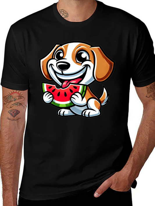 Cute Dog Eating Watermelon Black T-Shirt