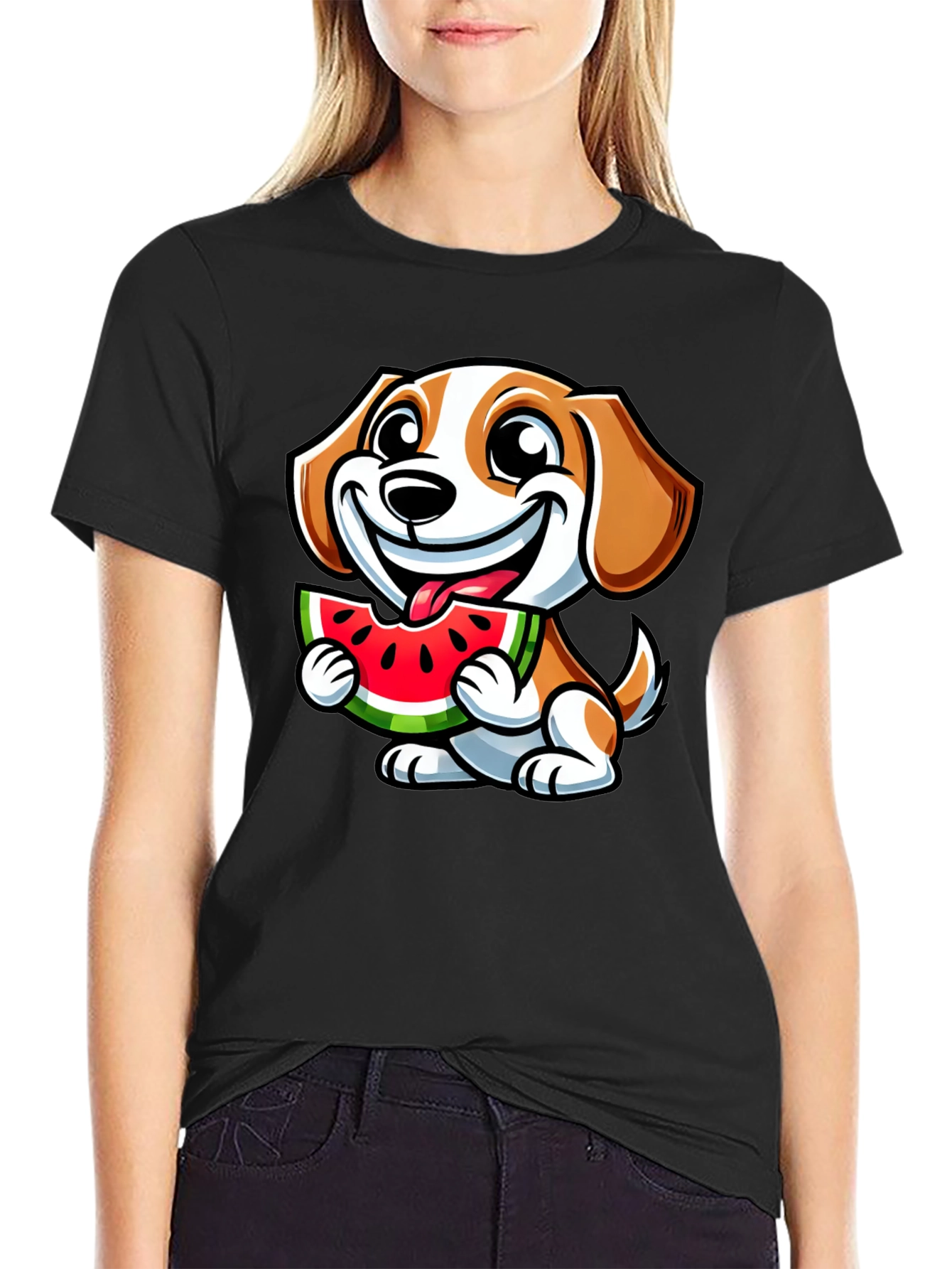 Cute Dog Eating Watermelon Black T-Shirt