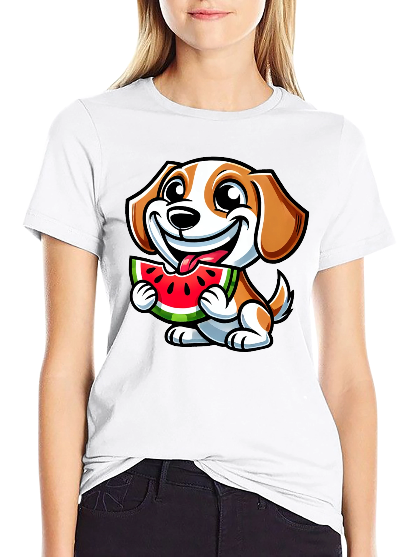 Cute Dog Eating Watermelon Black T-Shirt