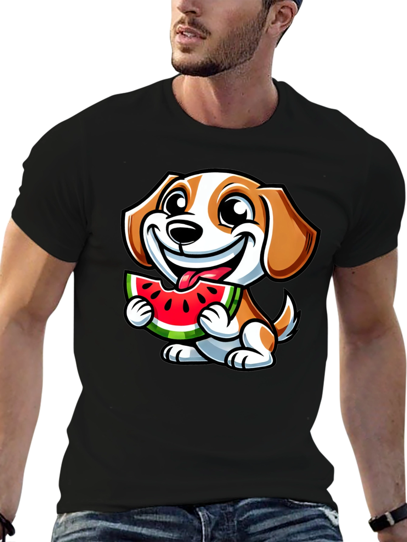Cute Dog Eating Watermelon Black T-Shirt