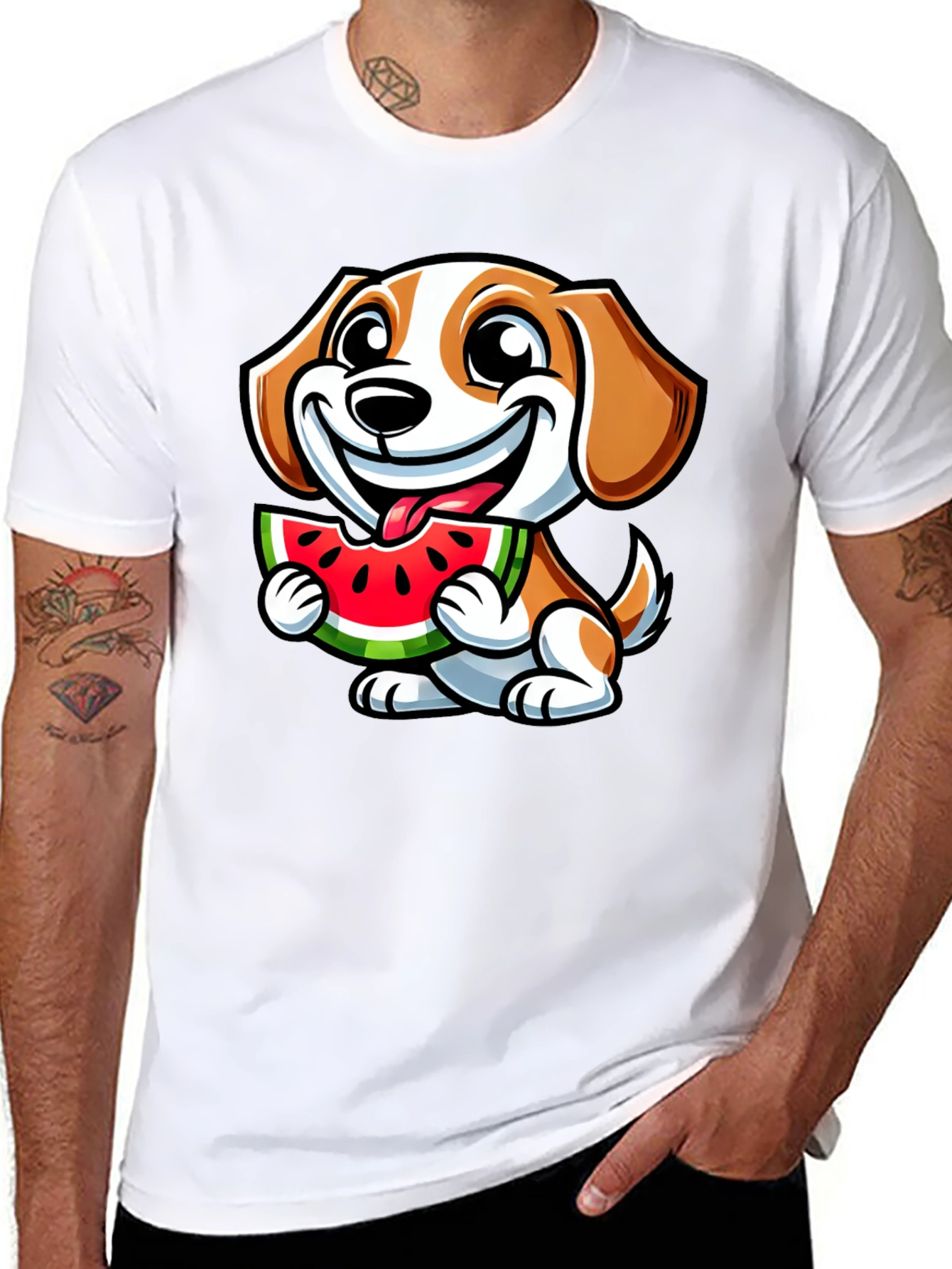 Cute Dog Eating Watermelon Black T-Shirt