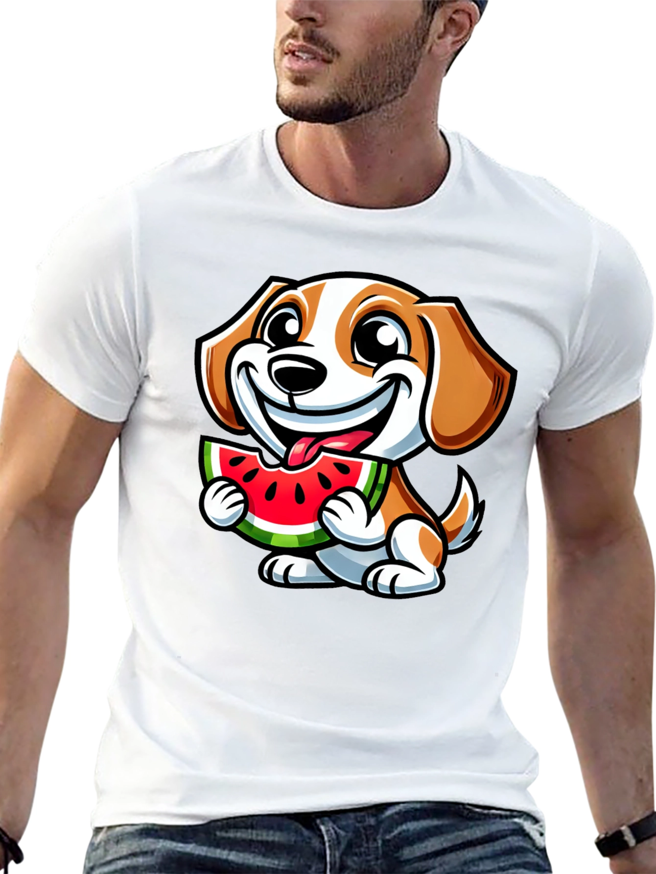 Cute Dog Eating Watermelon Black T-Shirt