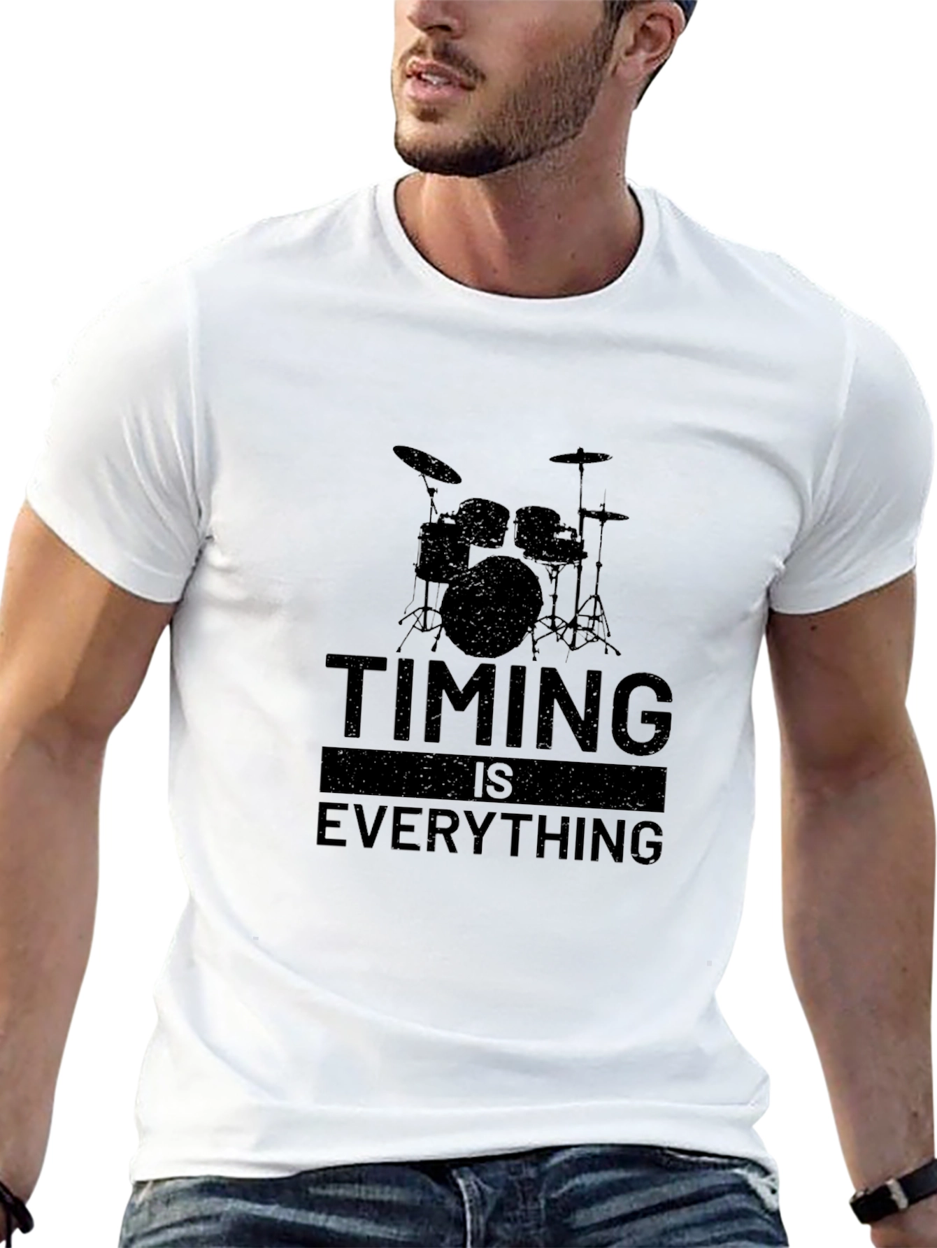 Timing is Everything Black T-Shirt Drum Set Design