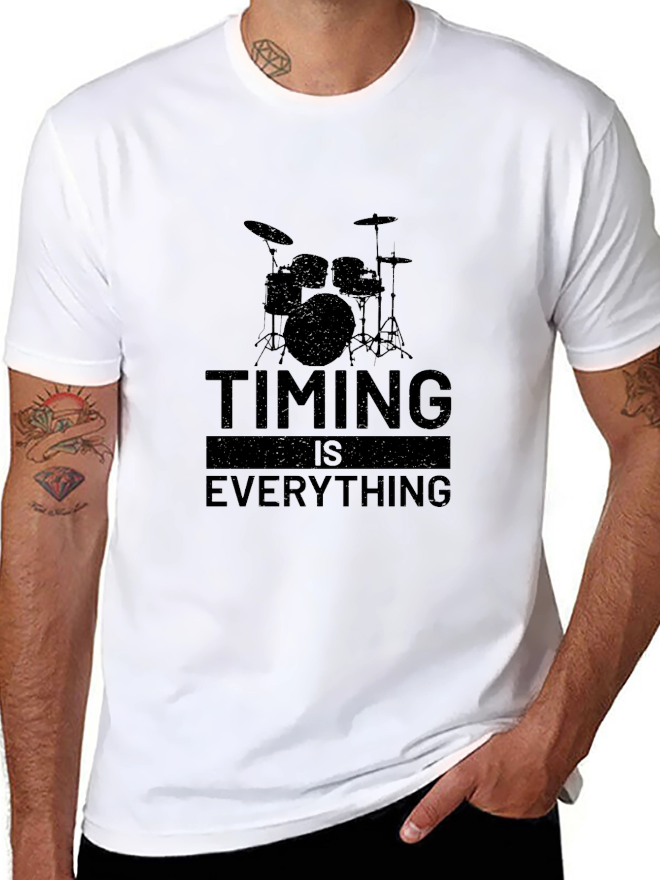 Timing is Everything Black T-Shirt Drum Set Design
