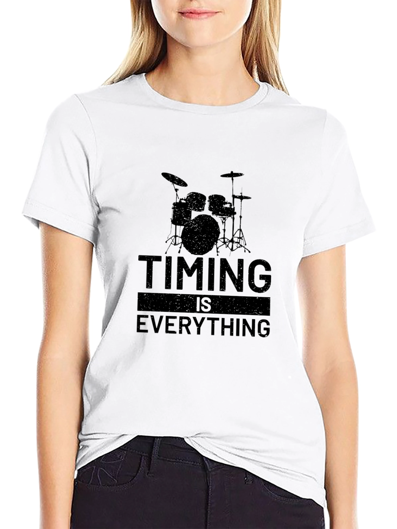 Timing is Everything Black T-Shirt Drum Set Design