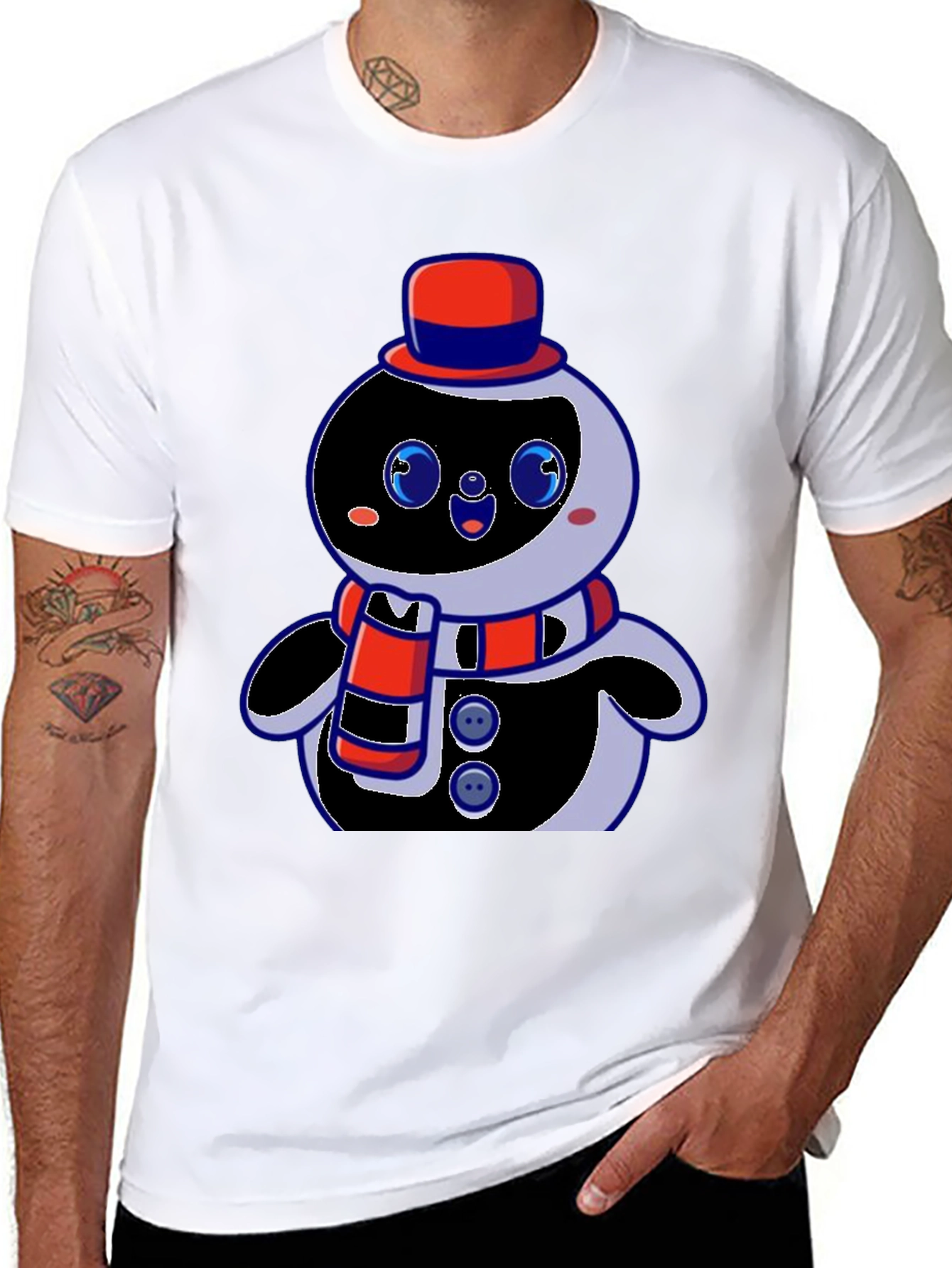Cute Cartoon Snowman Graphic Black T-Shirt