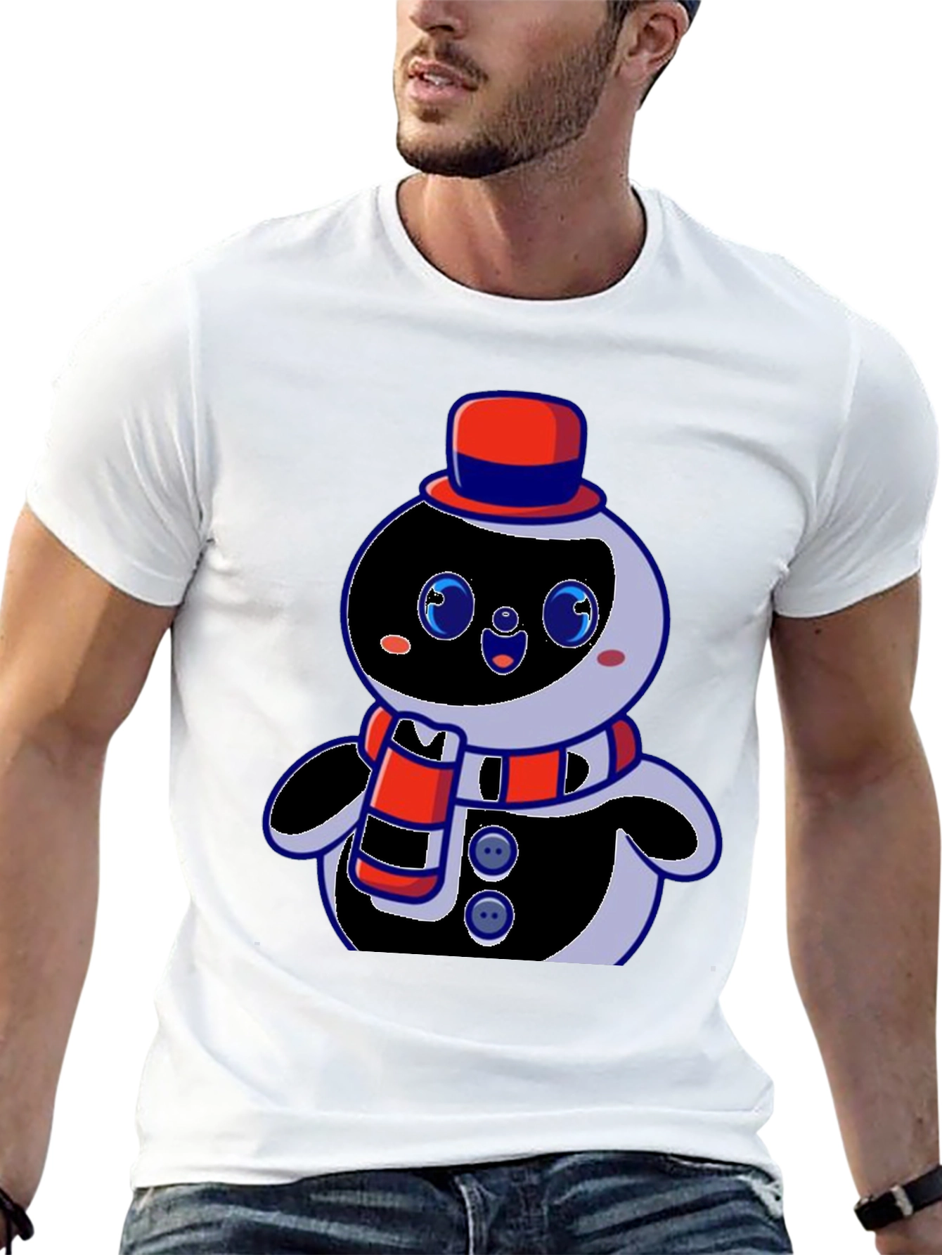 Cute Cartoon Snowman Graphic Black T-Shirt