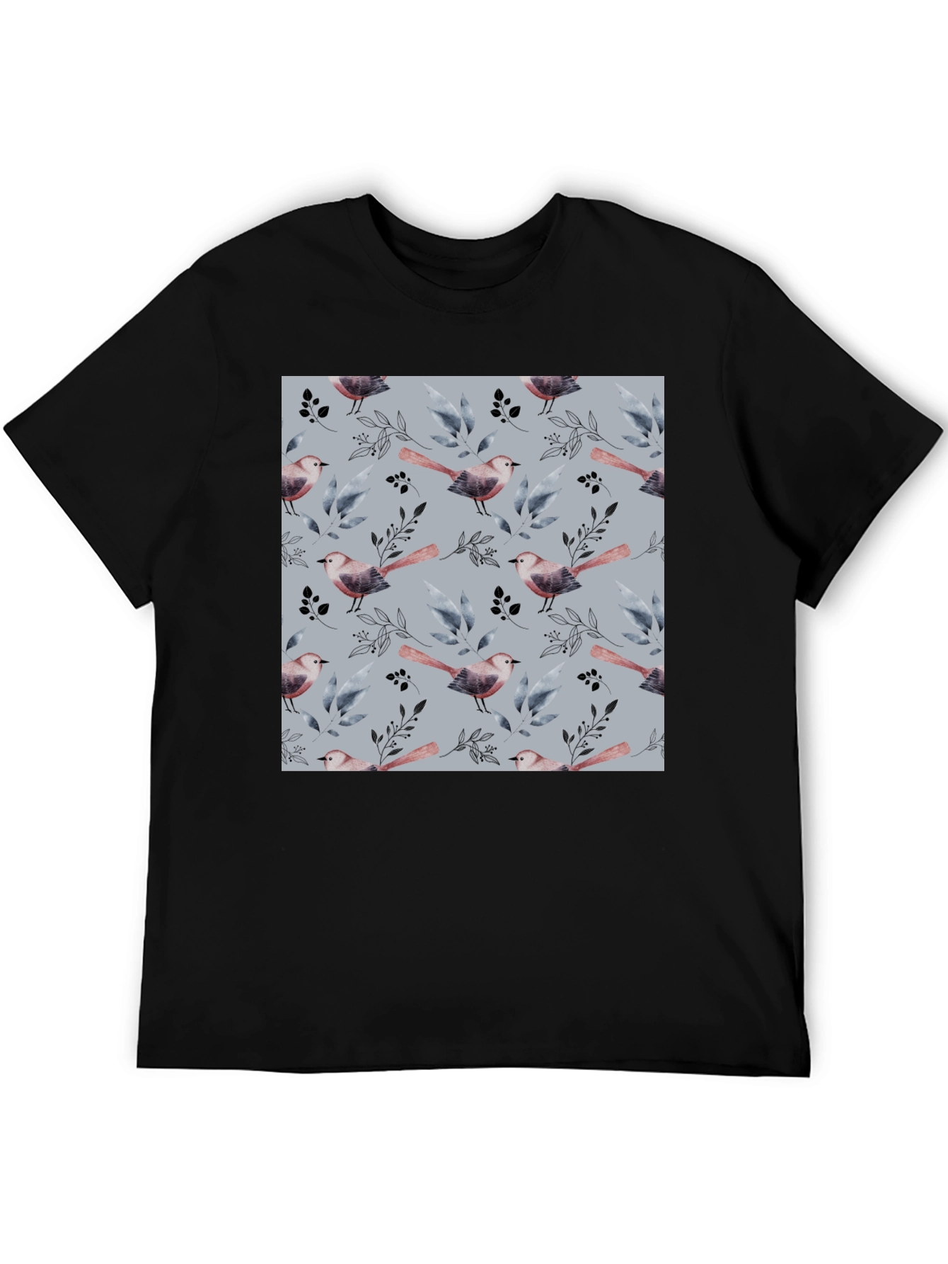 Bird and Branch Pattern Black Crew Neck T-Shirt