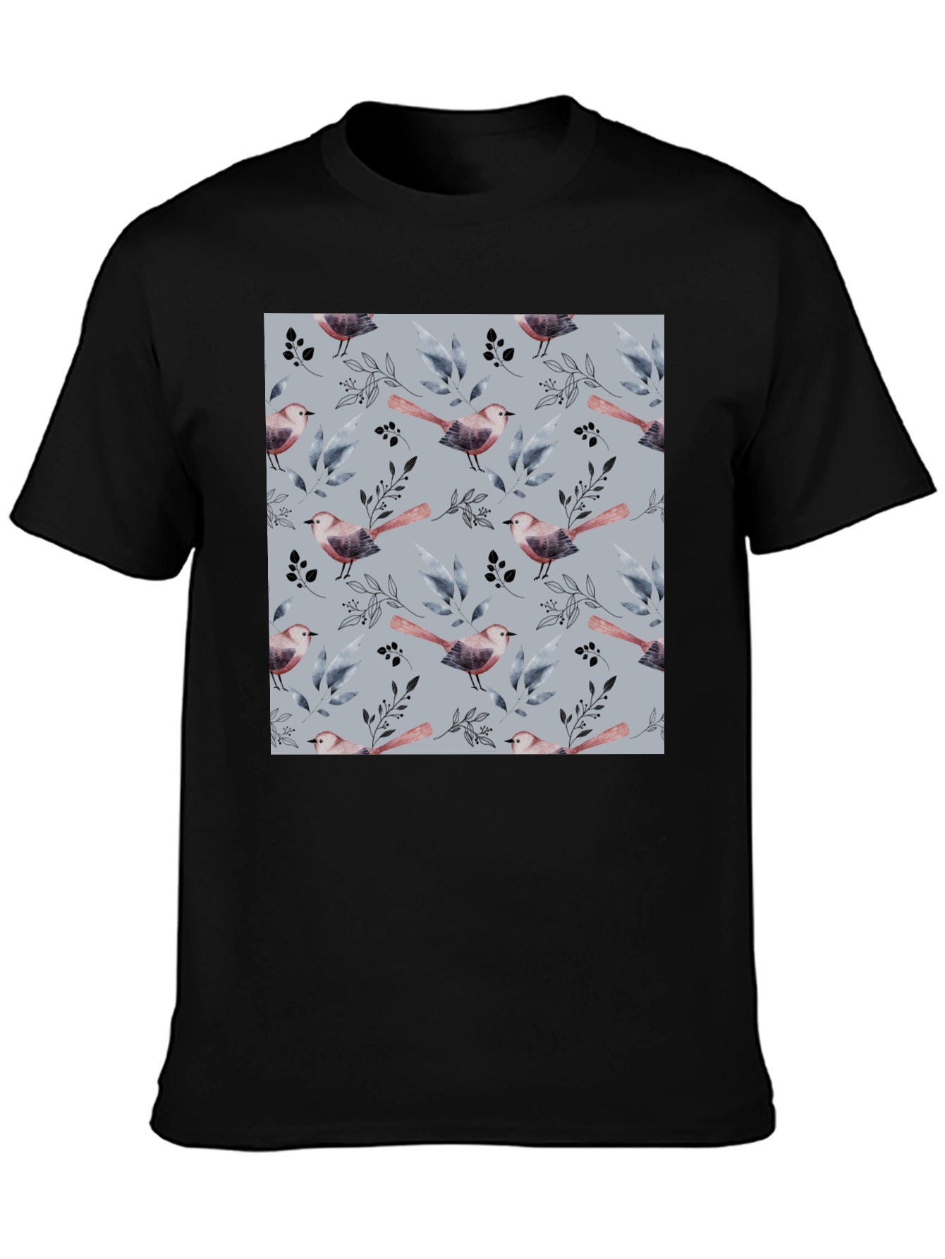 Bird and Branch Pattern Black Crew Neck T-Shirt
