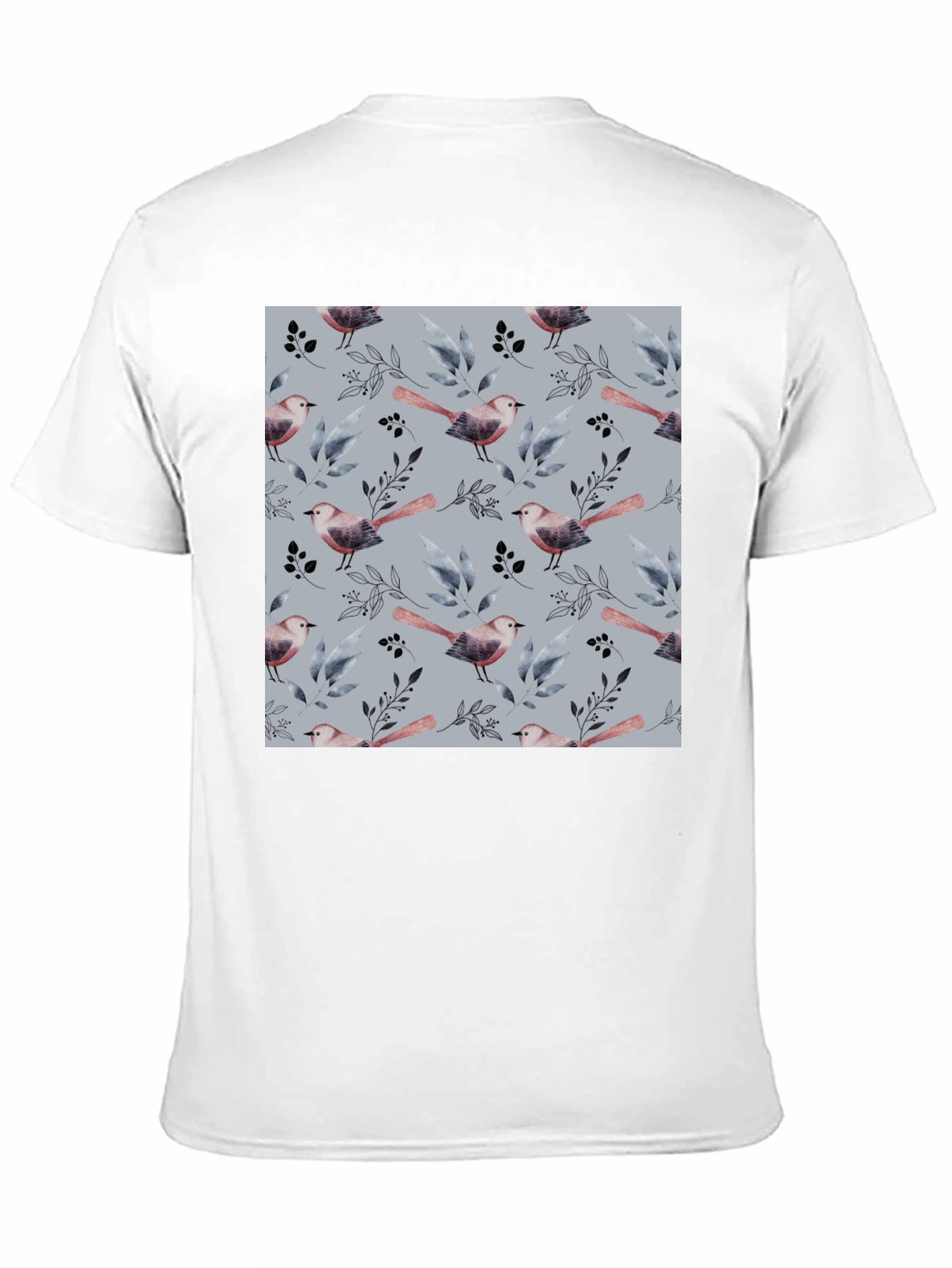 Bird and Branch Pattern Black Crew Neck T-Shirt