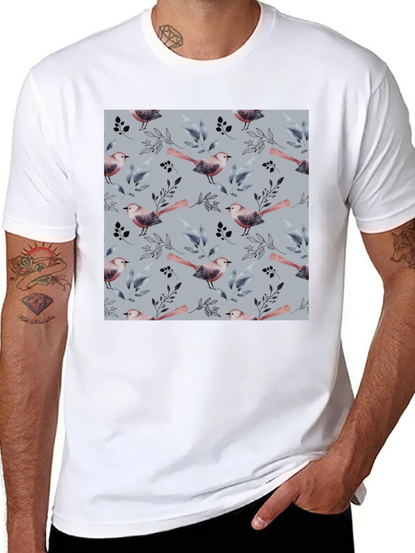 Bird and Branch Pattern Black Crew Neck T-Shirt