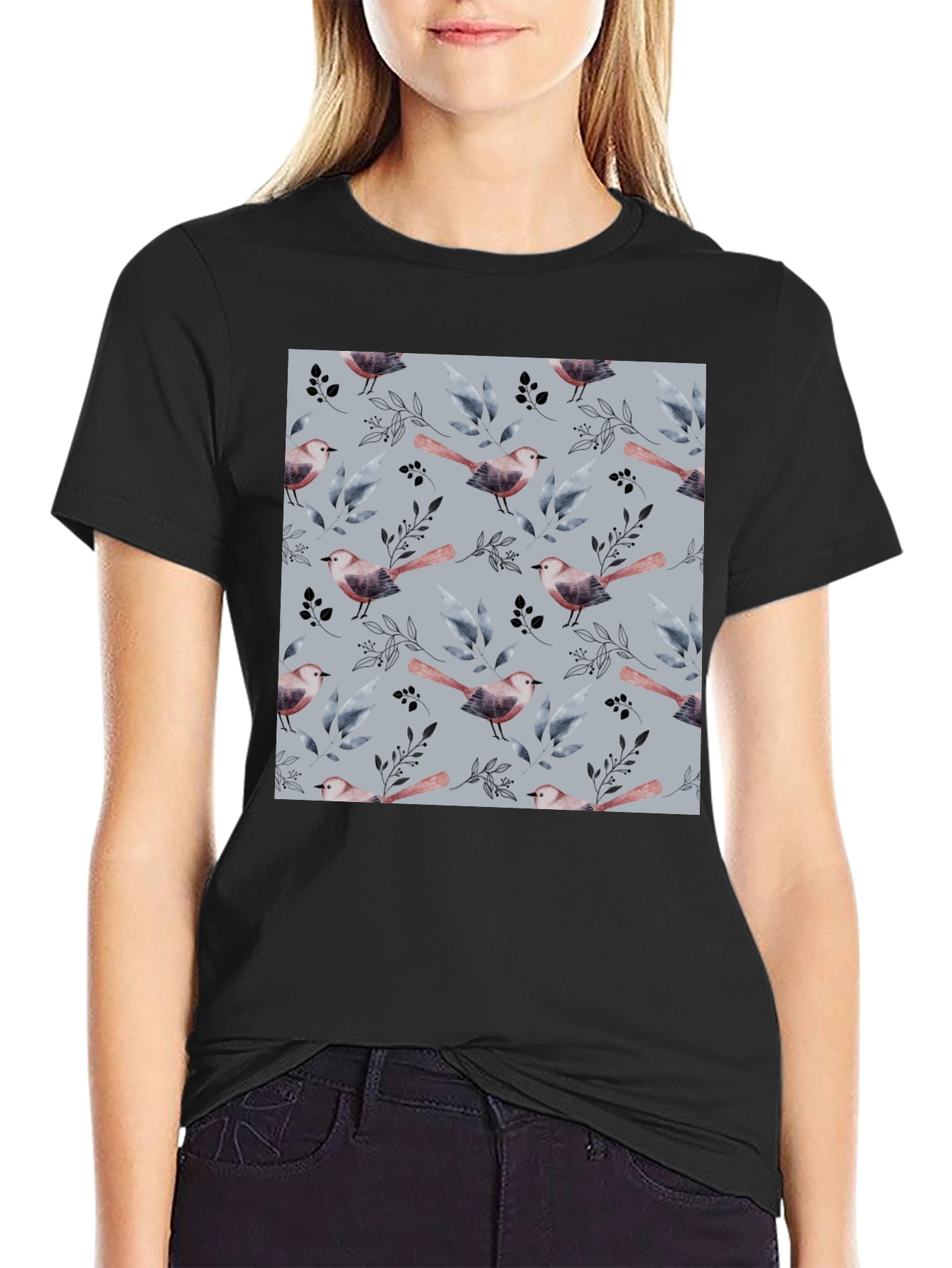 Bird and Branch Pattern Black Crew Neck T-Shirt