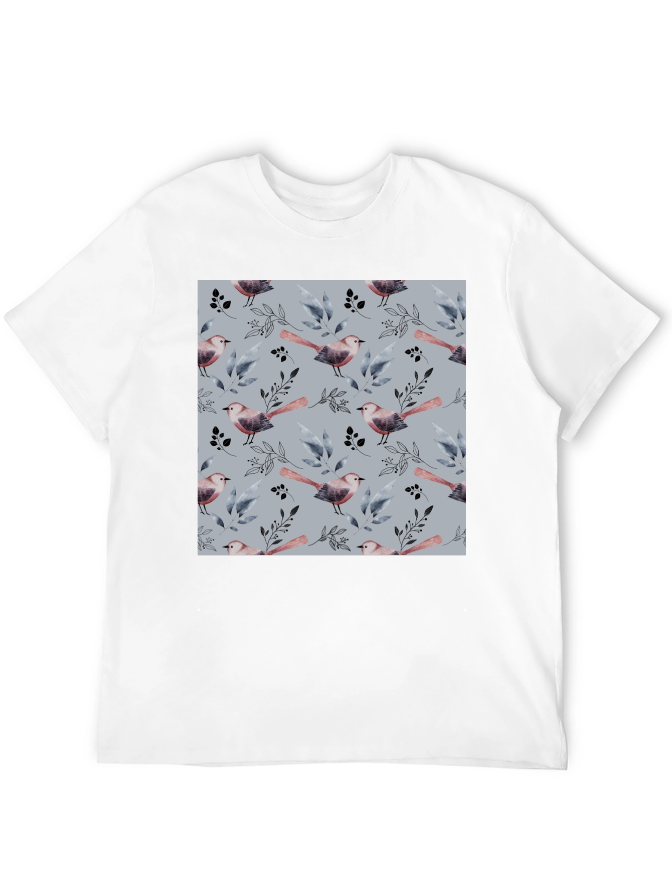 Bird and Branch Pattern Black Crew Neck T-Shirt