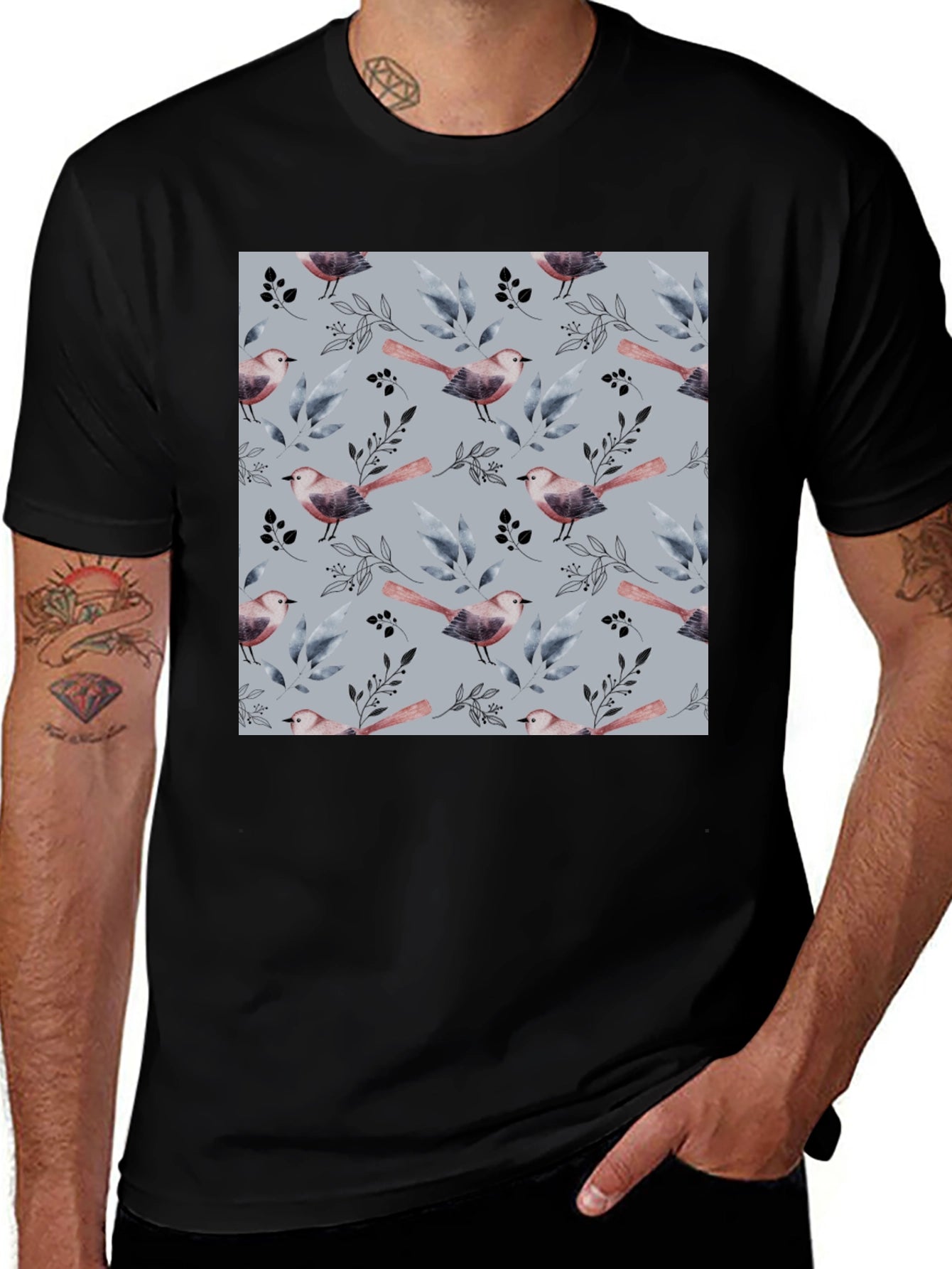 Bird and Branch Pattern Black Crew Neck T-Shirt