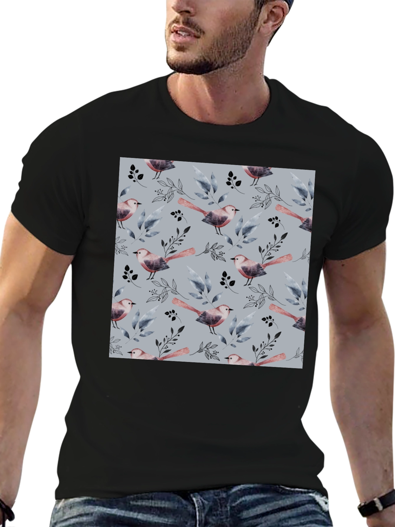 Bird and Branch Pattern Black Crew Neck T-Shirt