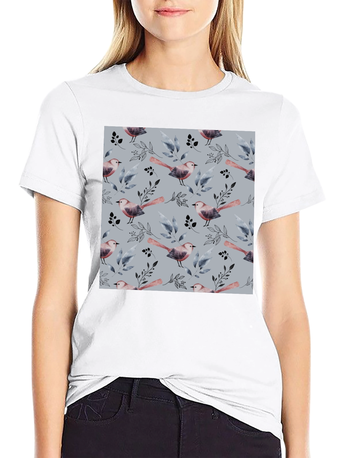 Bird and Branch Pattern Black Crew Neck T-Shirt