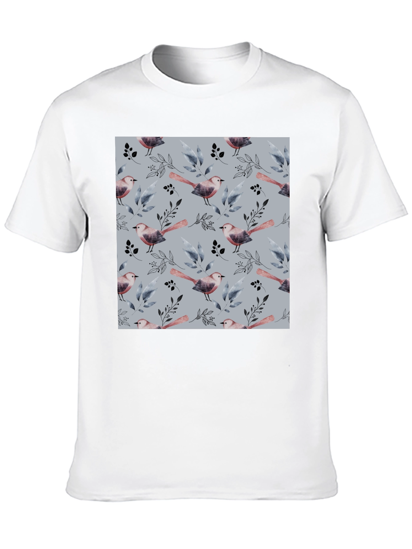 Bird and Branch Pattern Black Crew Neck T-Shirt