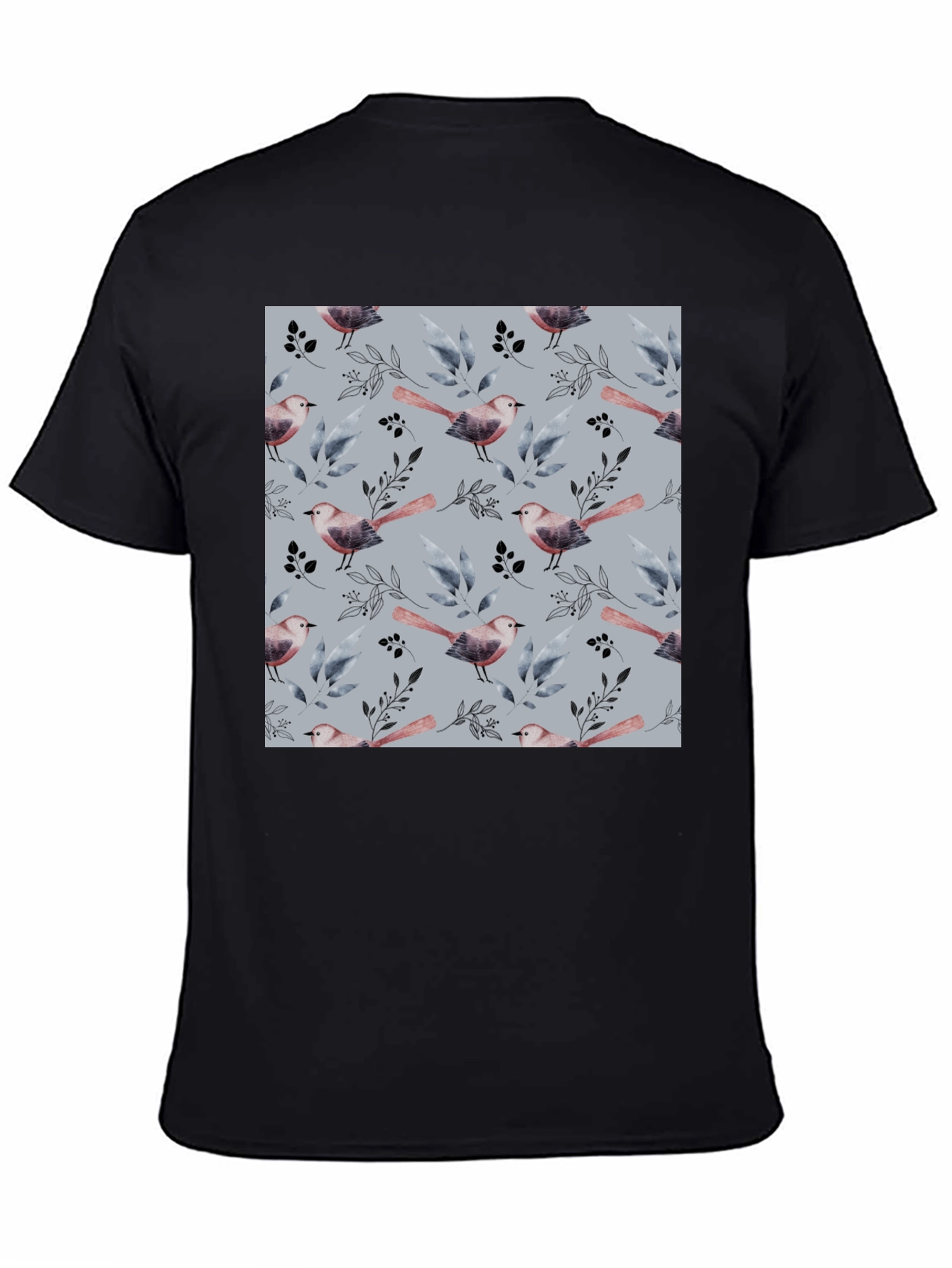 Bird and Branch Pattern Black Crew Neck T-Shirt