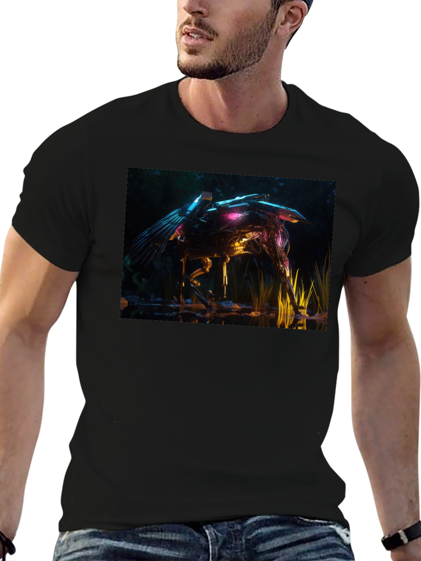 Futuristic Robotic Creature Graphic Tee - Black