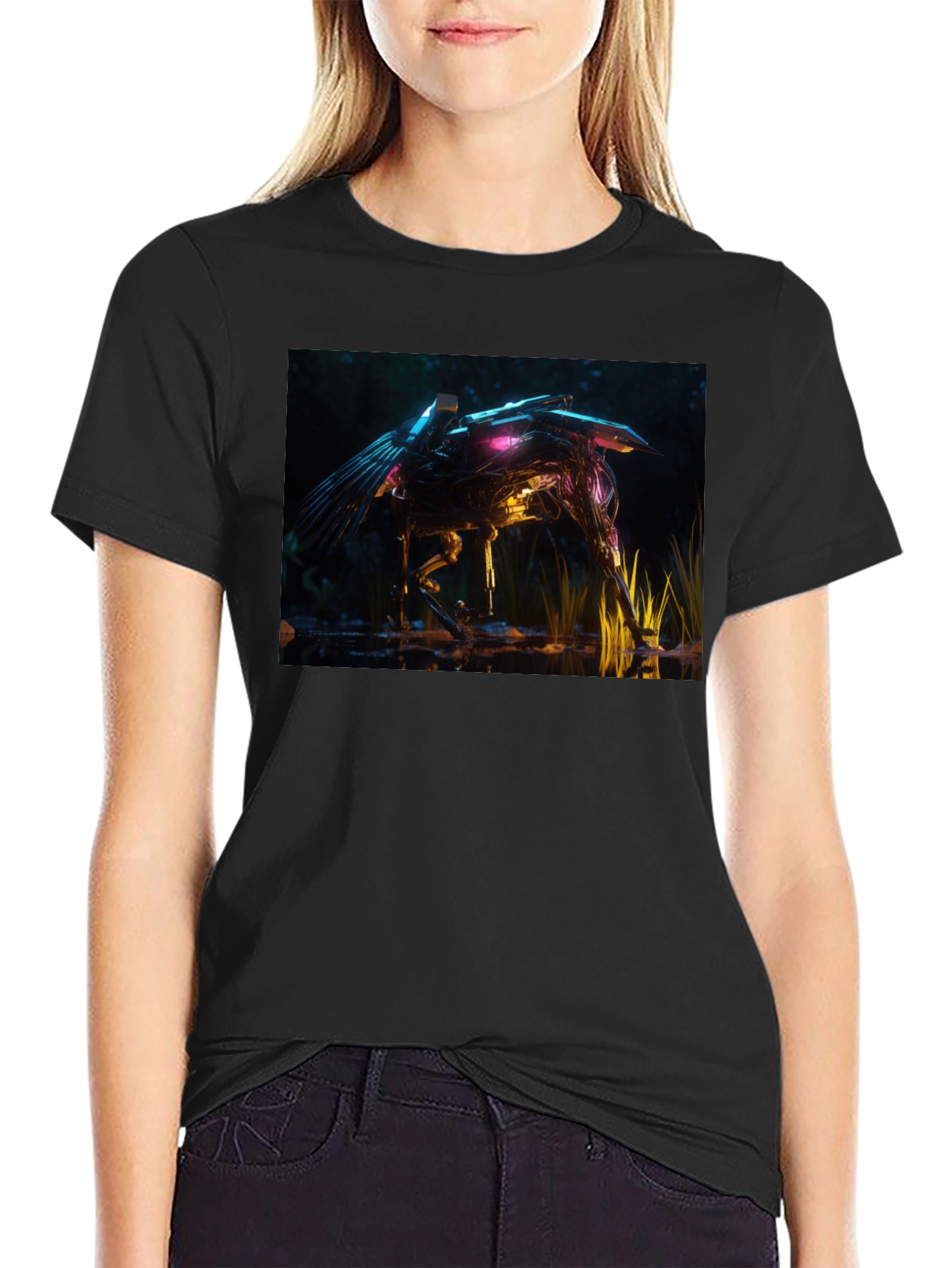 Futuristic Robotic Creature Graphic Tee - Black