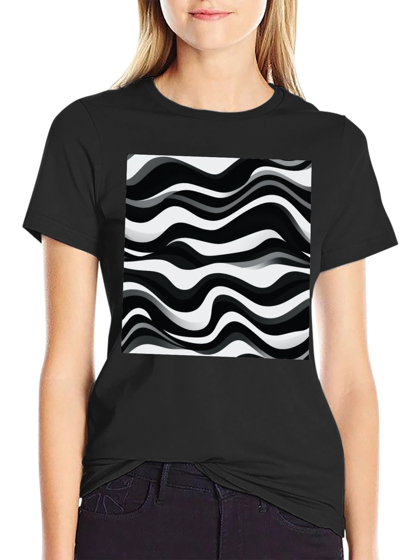 Abstract Wave Pattern Graphic Tee - Black