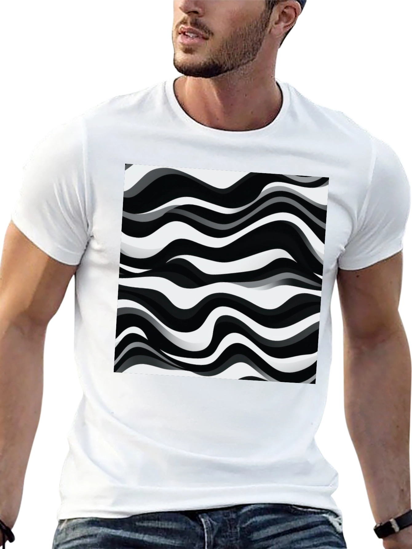Abstract Wave Pattern Graphic Tee - Black