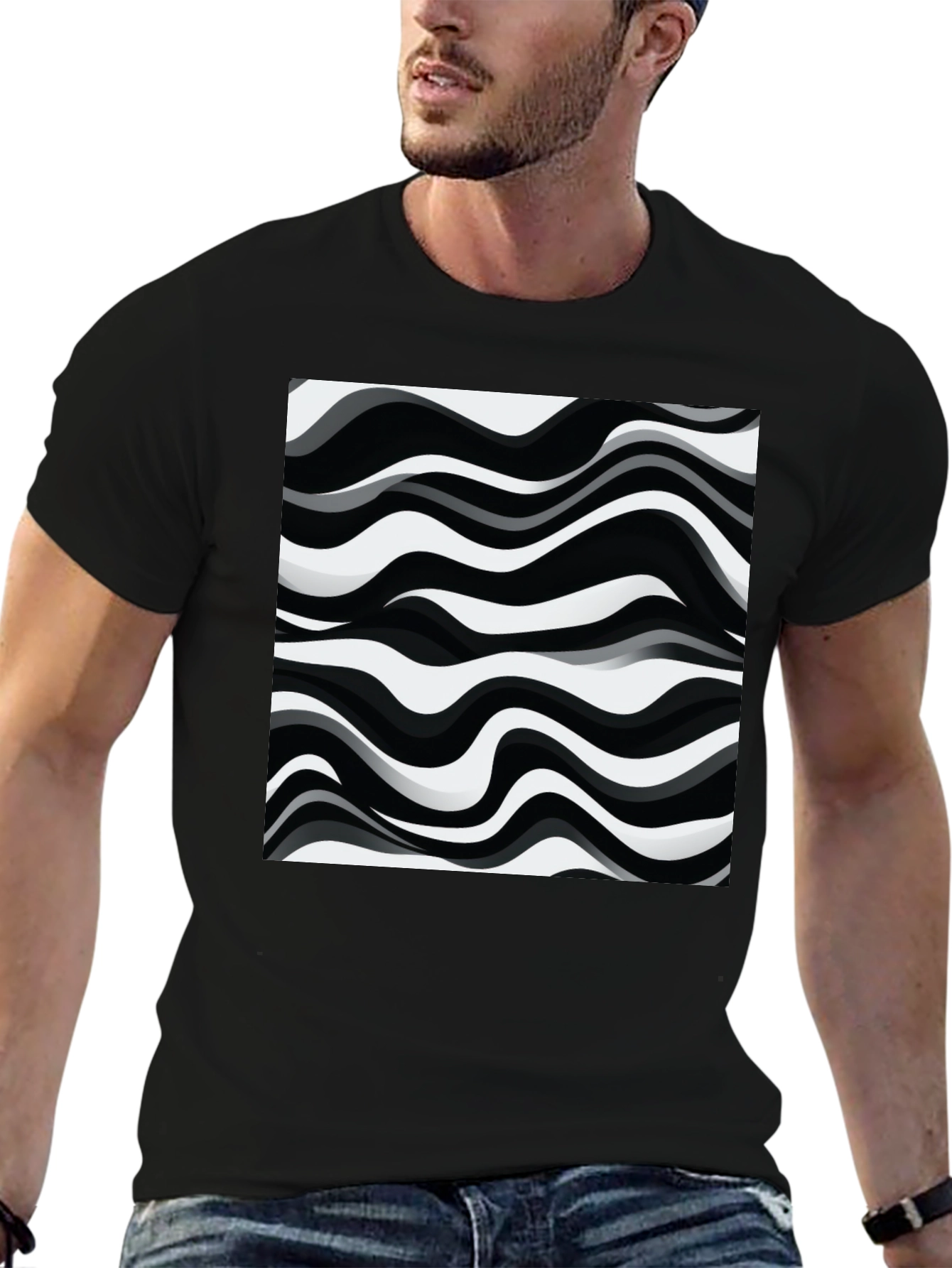 Abstract Wave Pattern Graphic Tee - Black