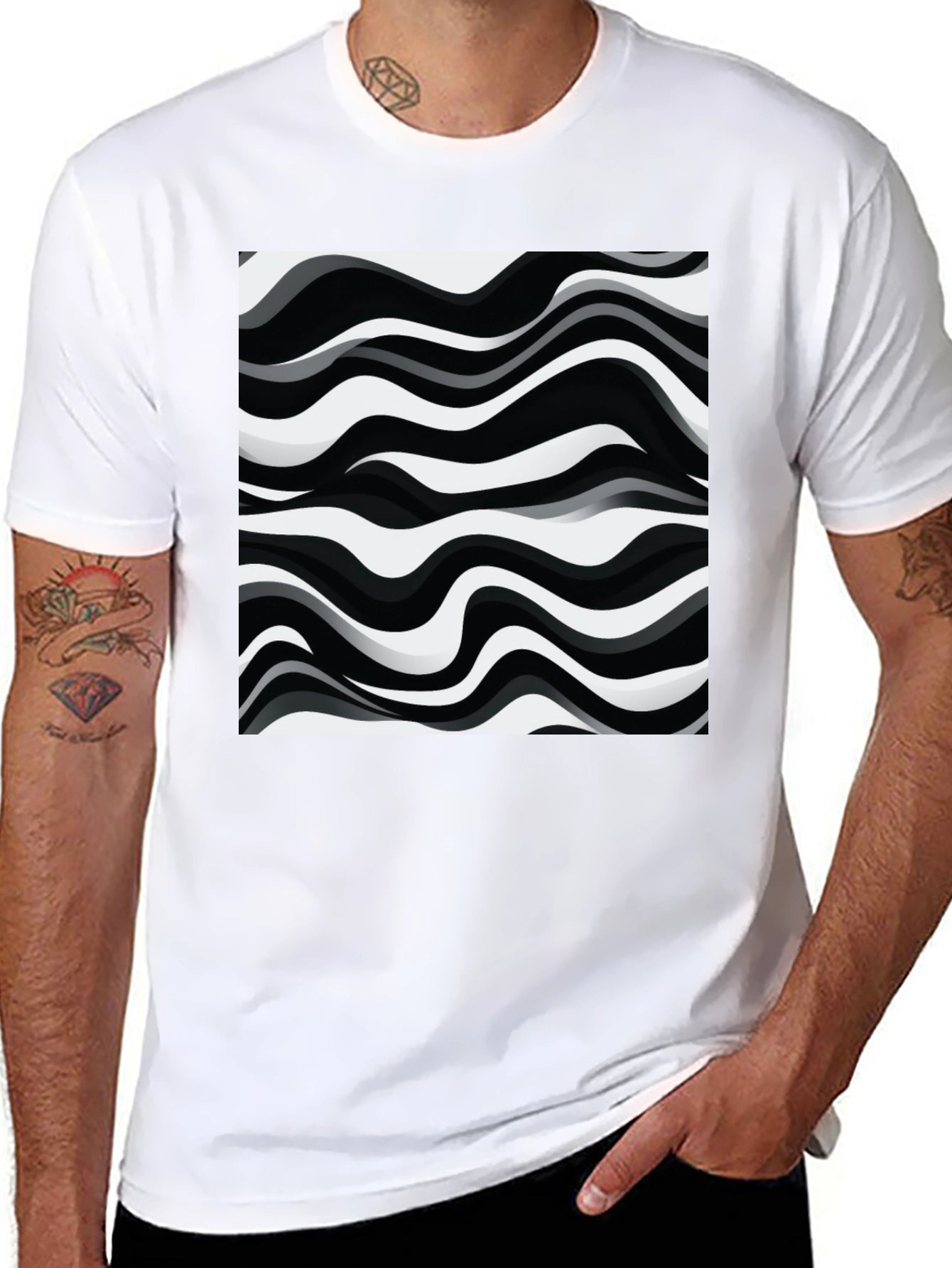 Abstract Wave Pattern Graphic Tee - Black