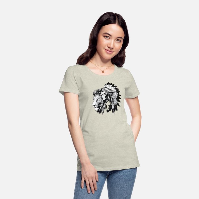 Native American woman and a majestic lion