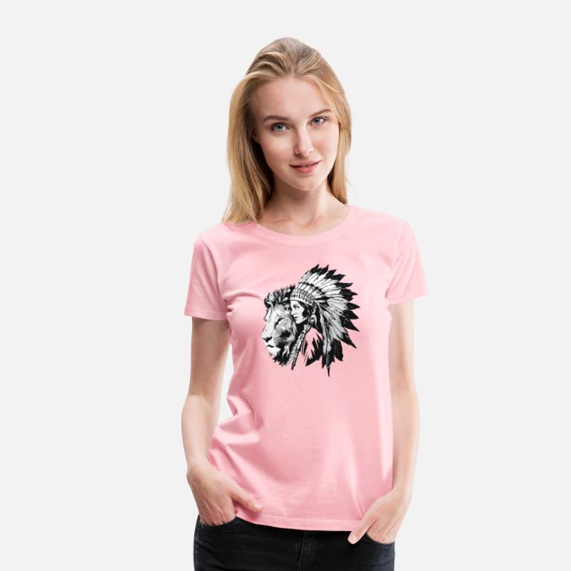 Native American woman and a majestic lion