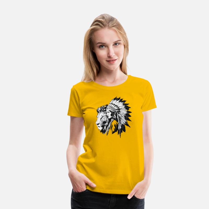 Native American woman and a majestic lion