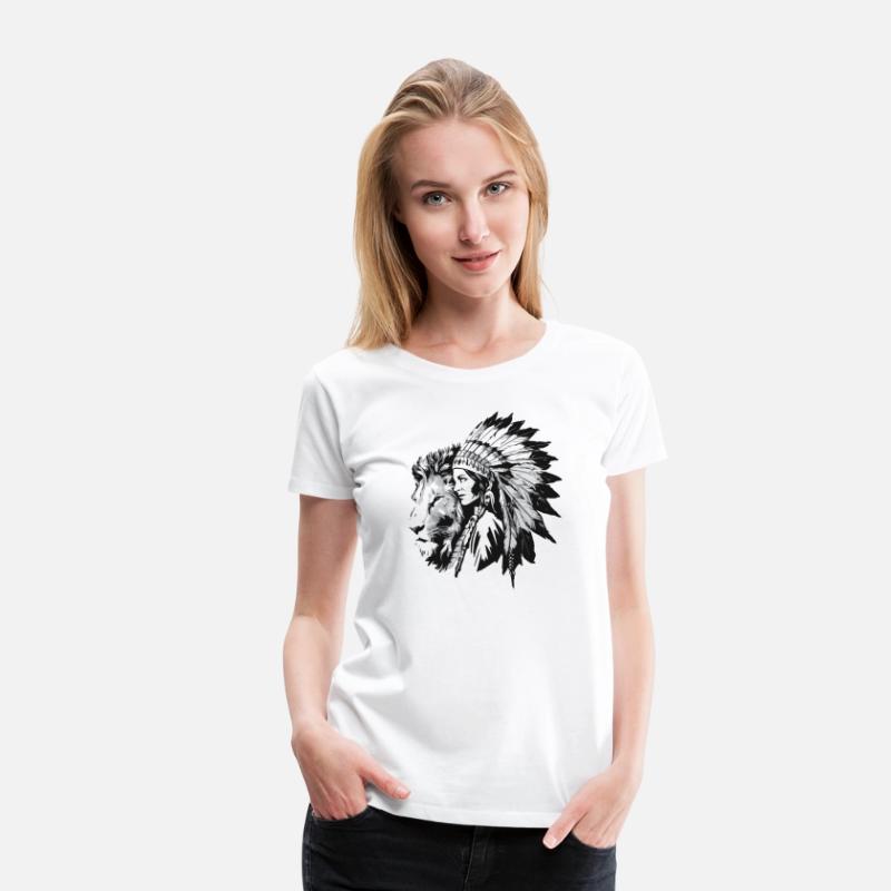 Native American woman and a majestic lion