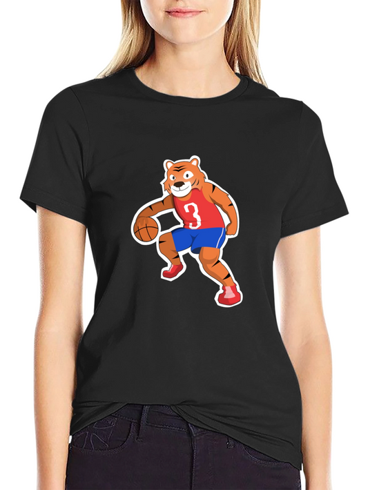 Cartoon Tiger Basketball Player Black T-shirt