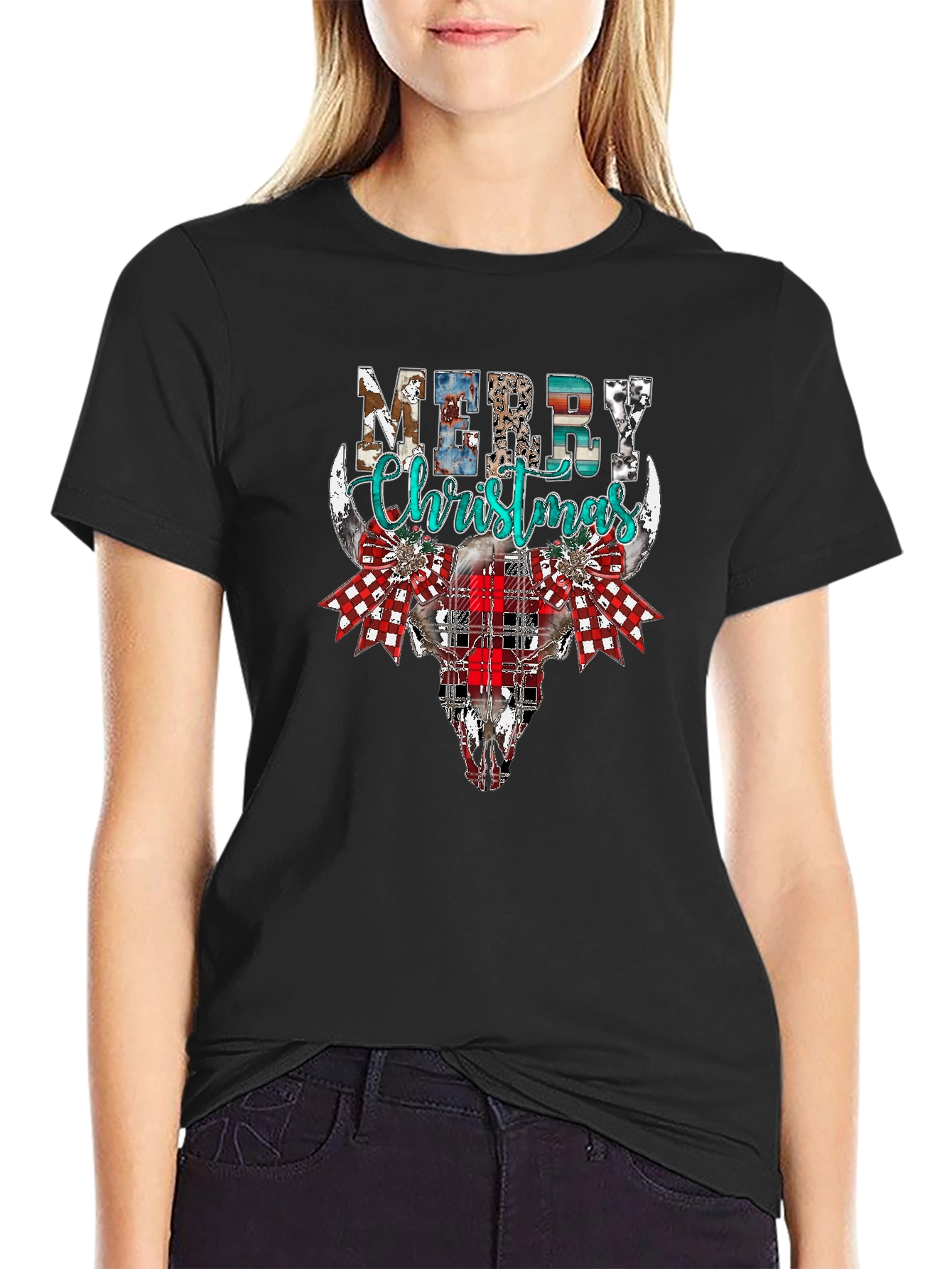 Merry Christmas Bull Skull Graphic Tee