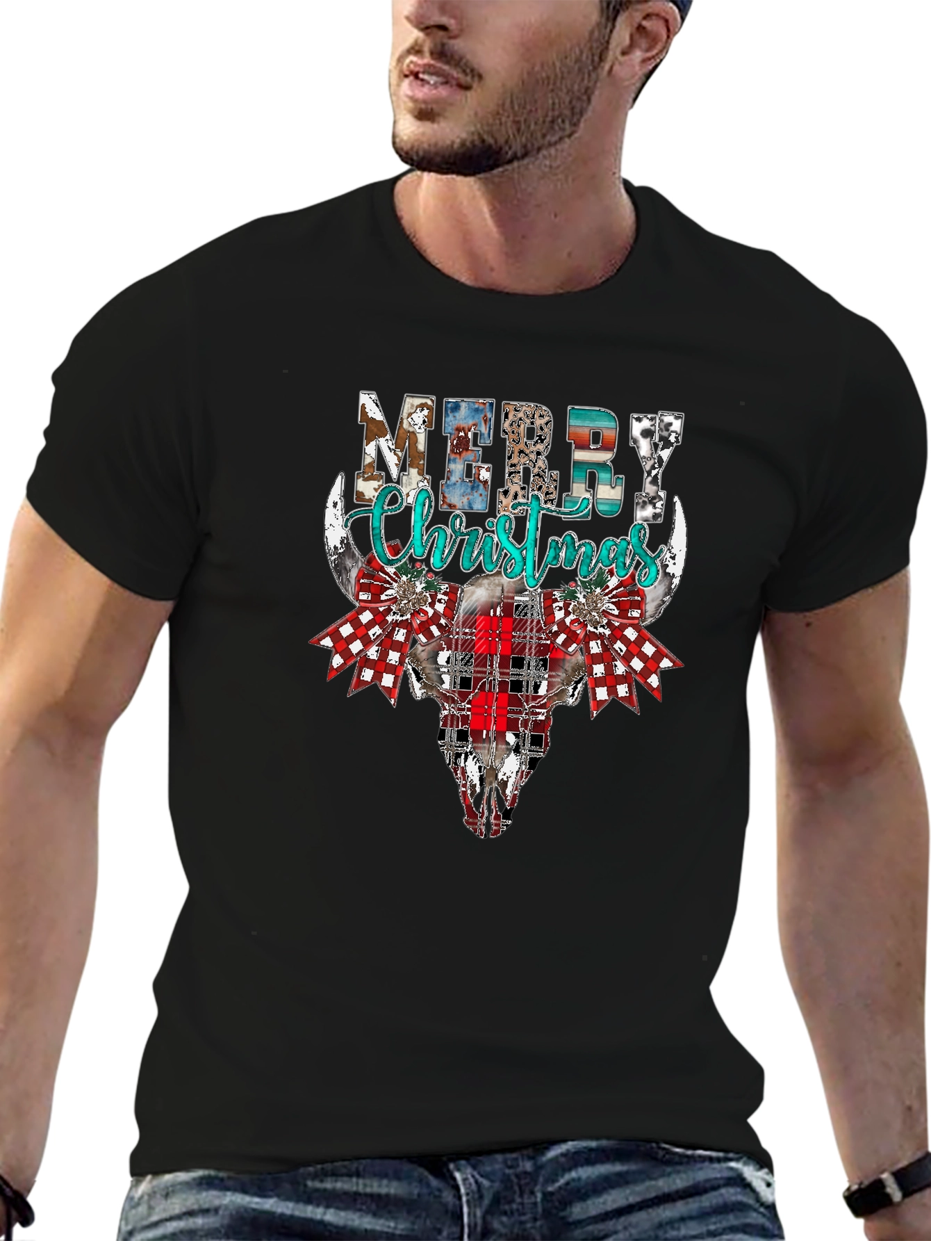 Merry Christmas Bull Skull Graphic Tee