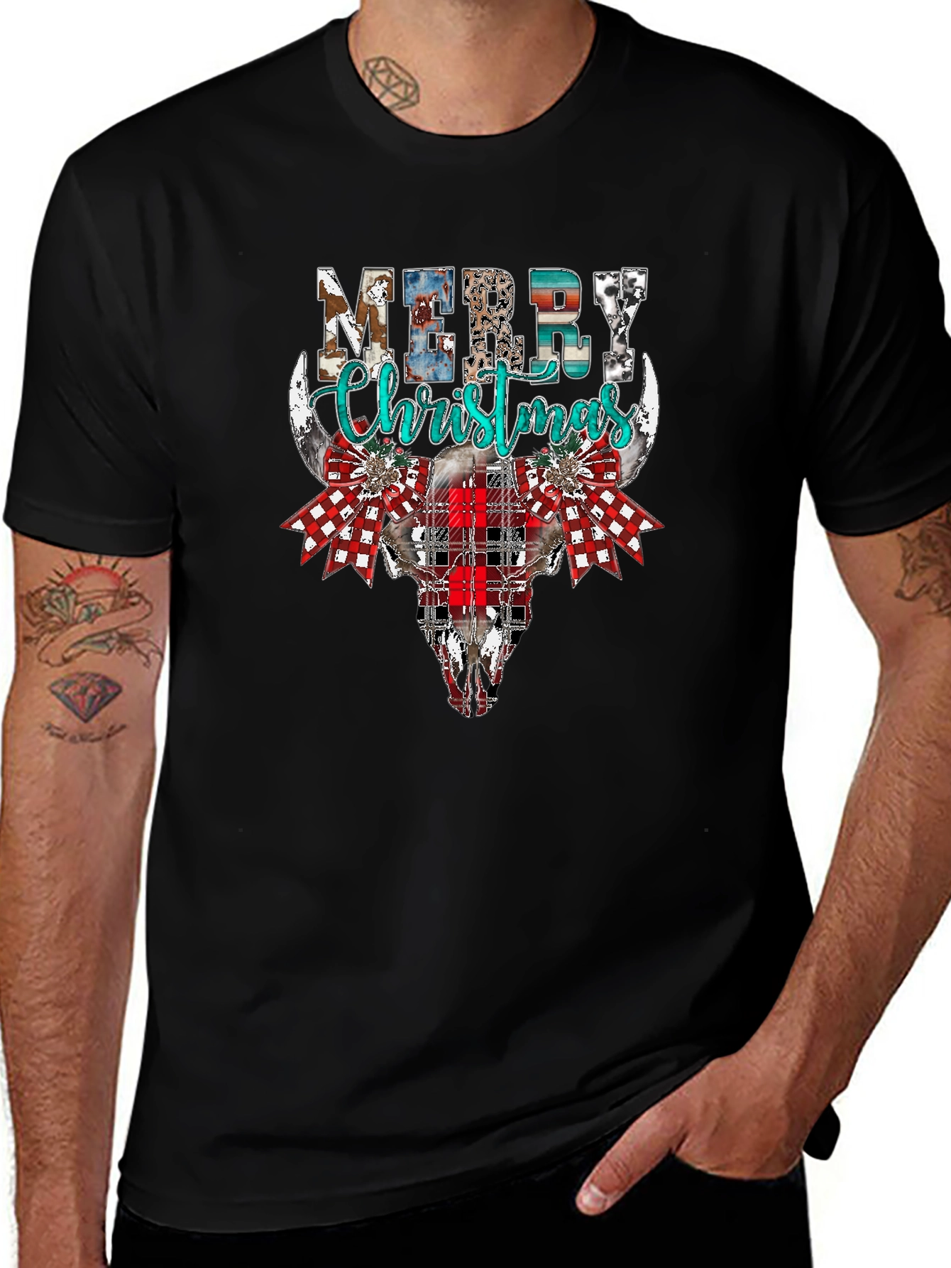 Merry Christmas Bull Skull Graphic Tee