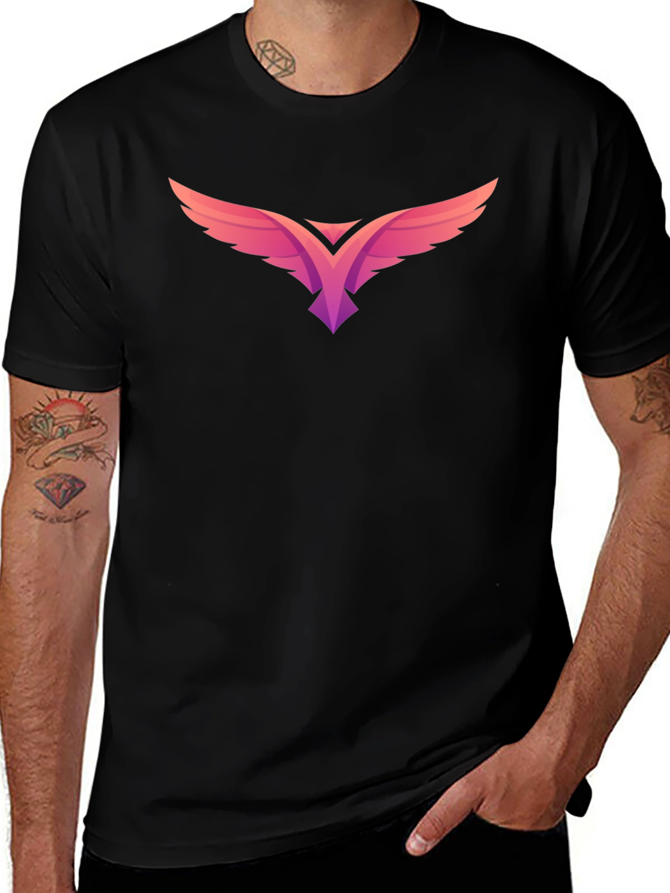 Mens Black T-Shirt with Abstract Bird Graphic