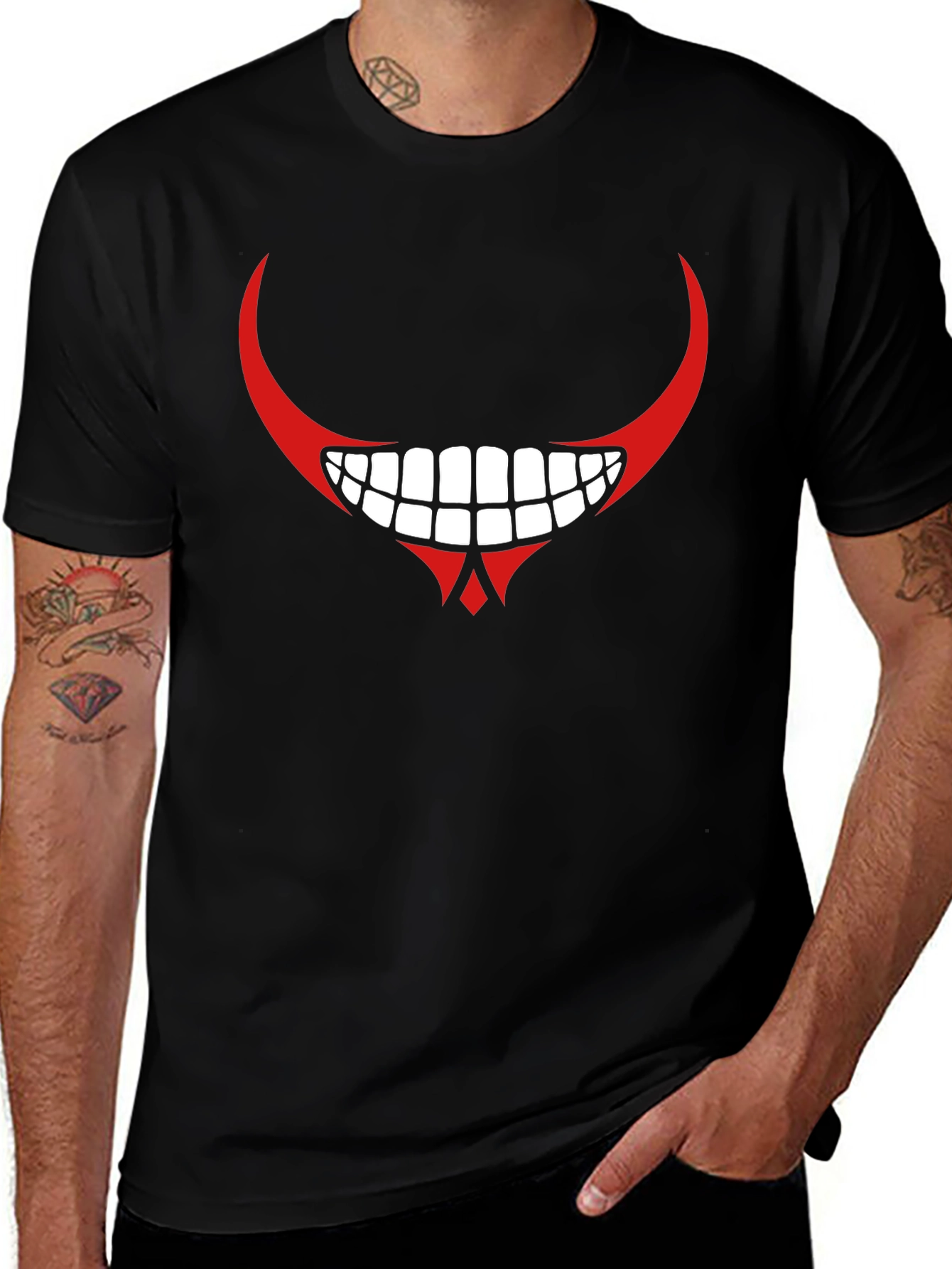 Mens Black Graphic T-Shirt - Red Devilish Grin Design