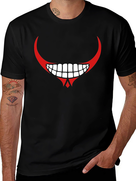 Mens Black Graphic T-Shirt - Red Devilish Grin Design