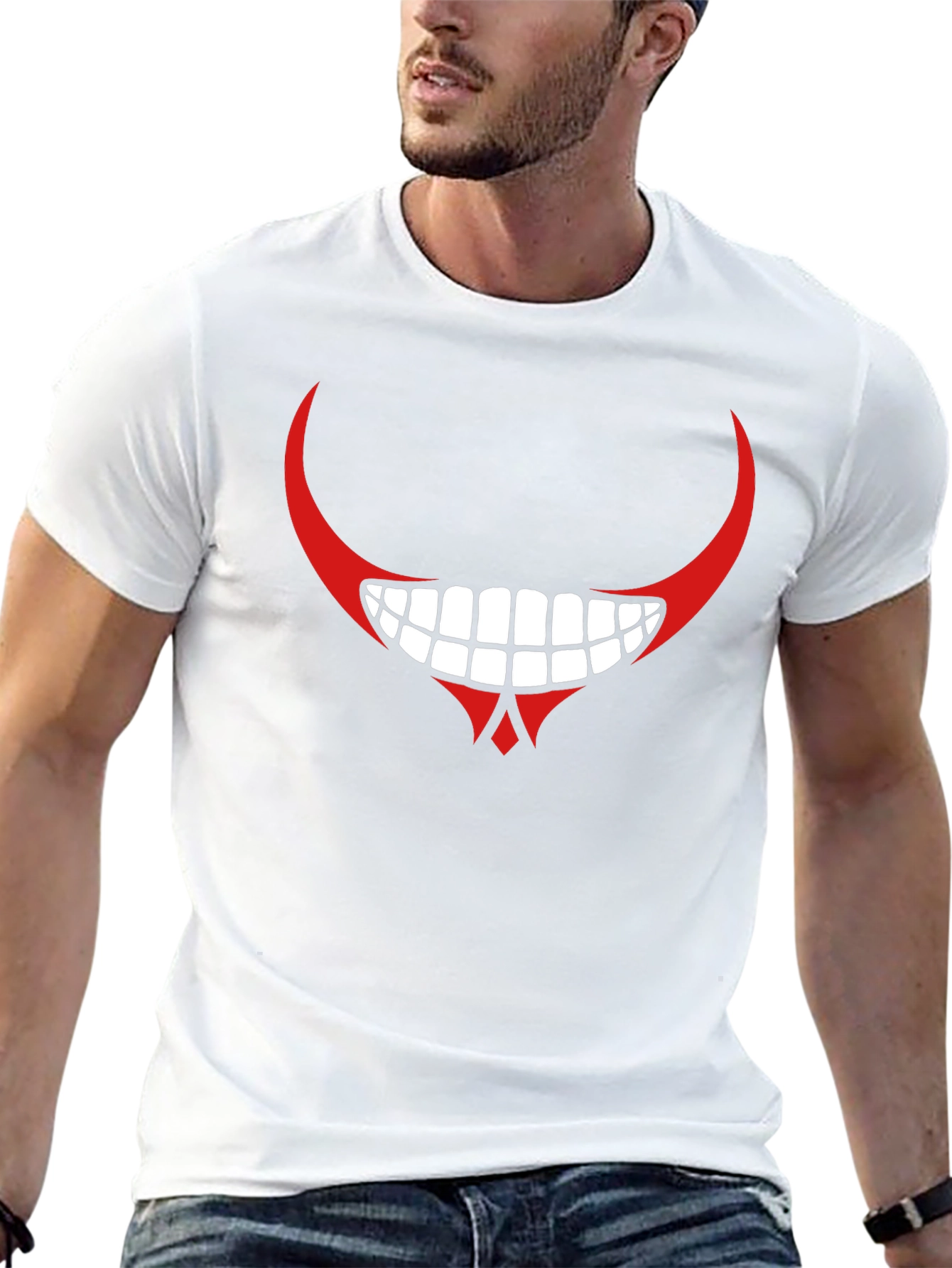 Mens Black Graphic T-Shirt - Red Devilish Grin Design