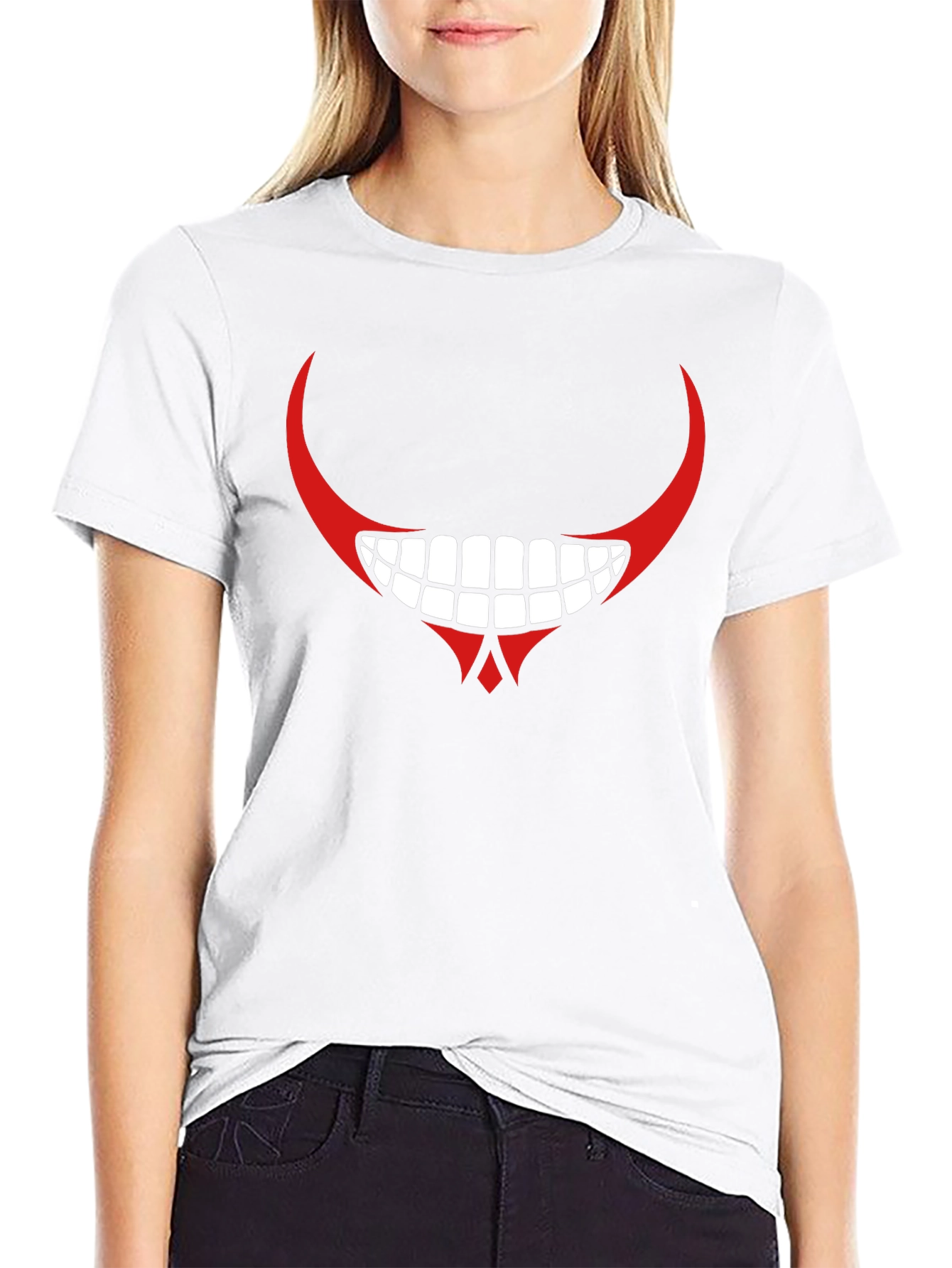 Mens Black Graphic T-Shirt - Red Devilish Grin Design