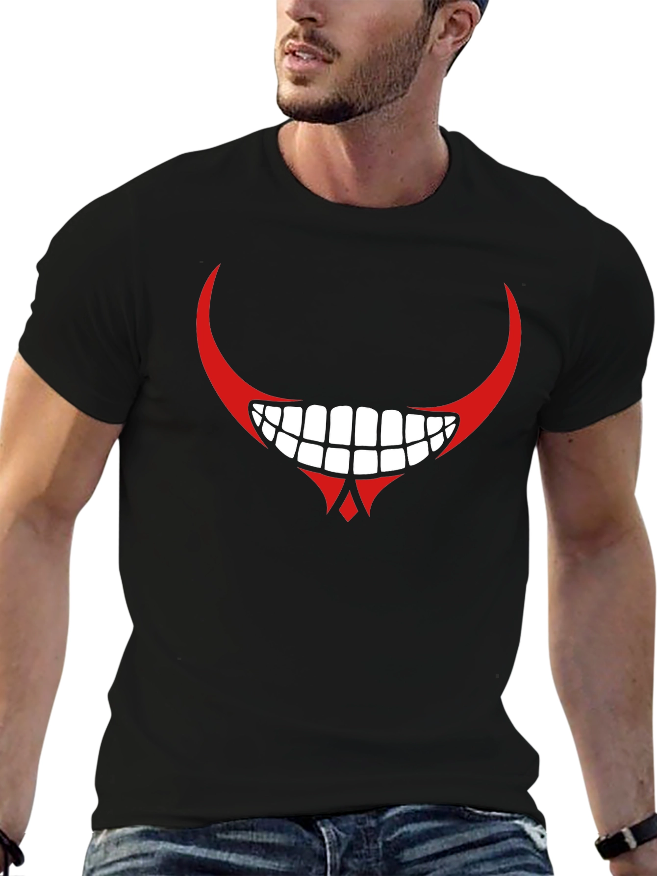 Mens Black Graphic T-Shirt - Red Devilish Grin Design