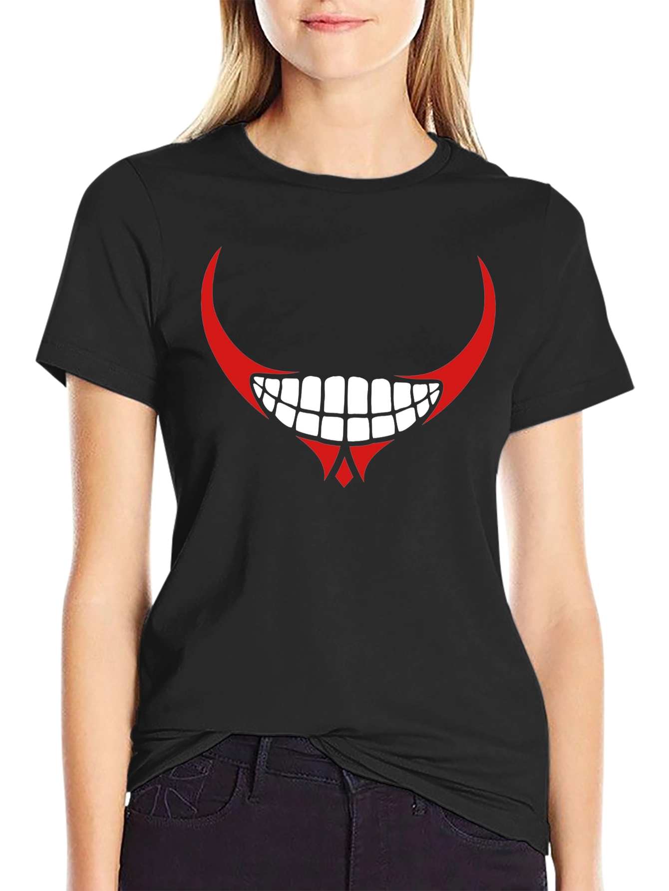 Mens Black Graphic T-Shirt - Red Devilish Grin Design