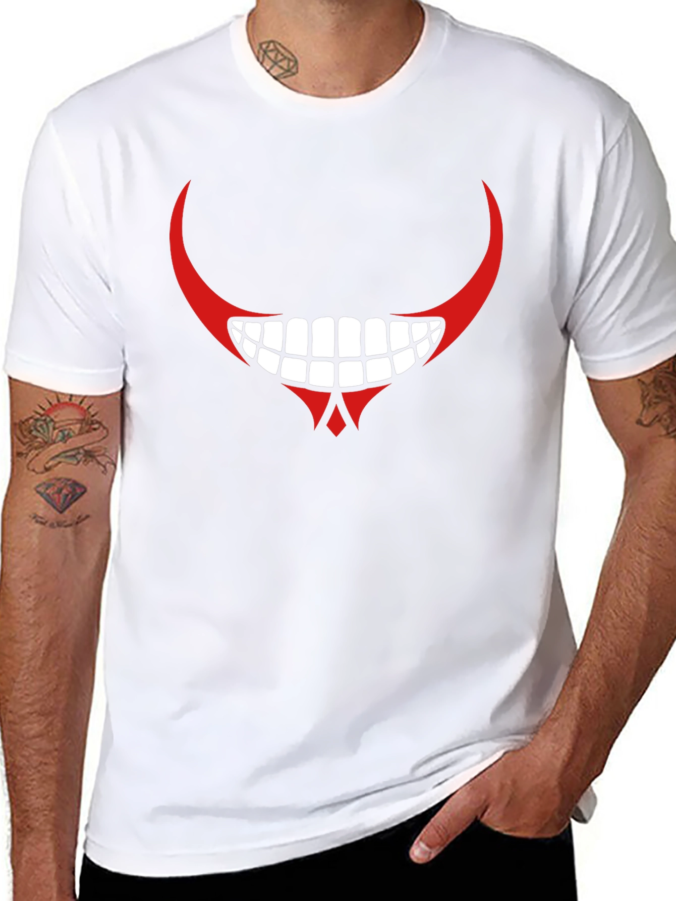 Mens Black Graphic T-Shirt - Red Devilish Grin Design