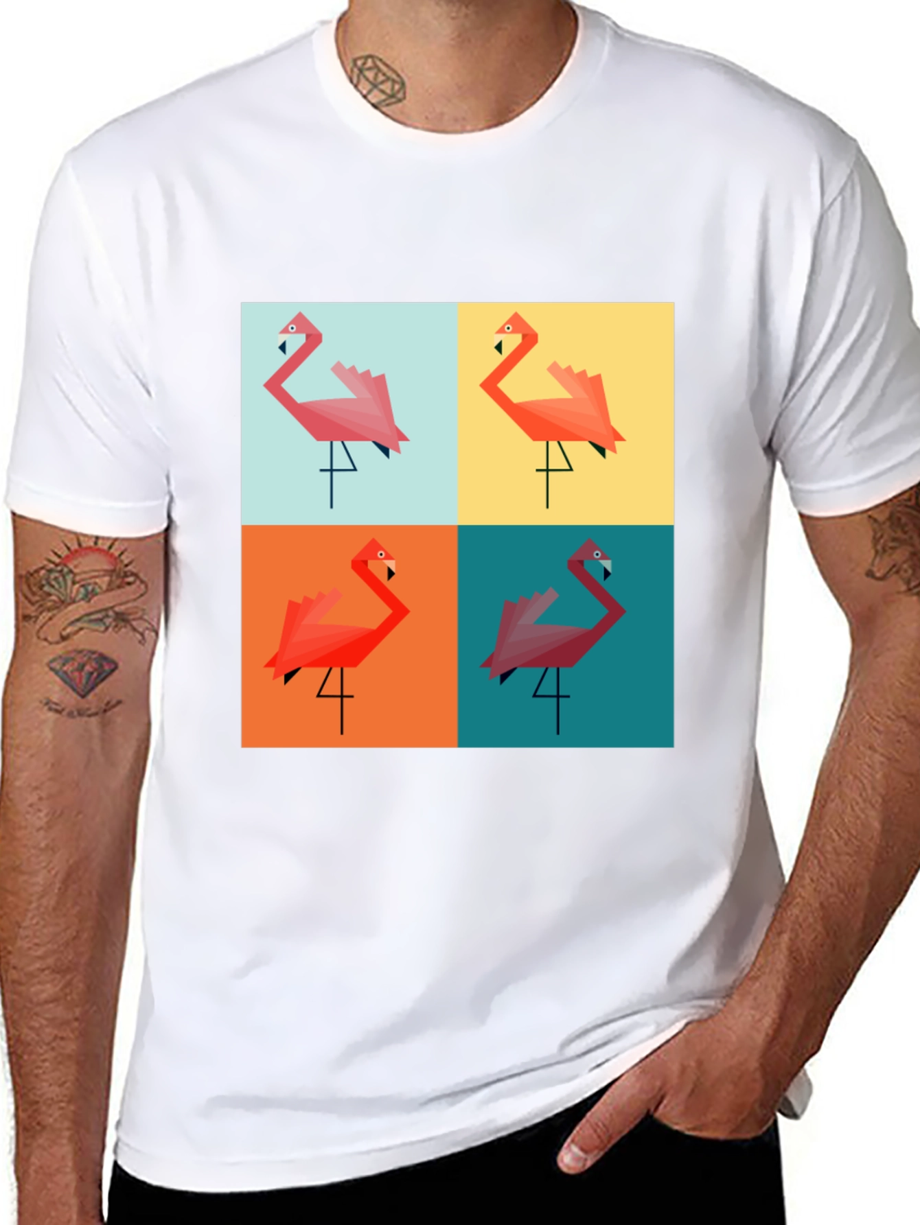 Geometric Flamingo Pop Art Black T-Shirt